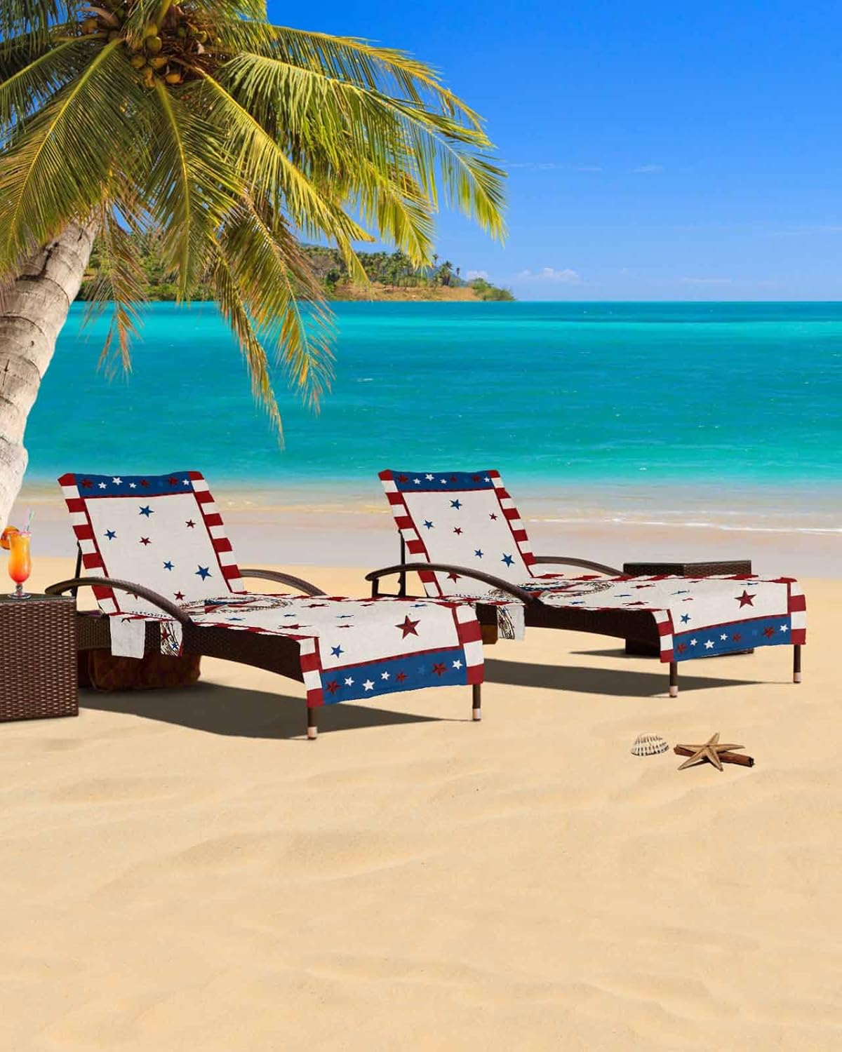 Country Rustic Barn Star Beach Pool Patio Lounge Chaise Chair Cover Towel With Pockets,Absorbent & Quick Dry Microfiber Towel Cover Bag Summer Accessories for Sunbathing Red Blue Independence Day