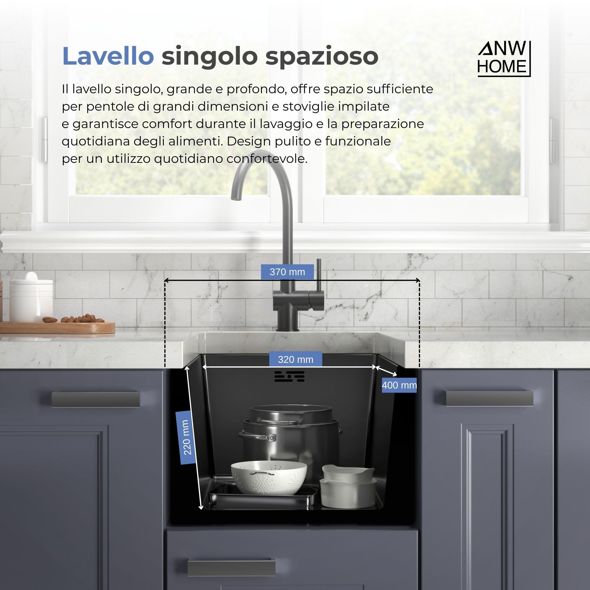 ANW HOME Lavello Cucina 1 Vasca Lavandino Cucina Acciaio Inox 304, Lavello da Incasso o Sottotop 37x45 cm Grafite PVD, Rivestimento Nano, Spessore 3,0+1 mm, Profondità 22 cm, con Sifone