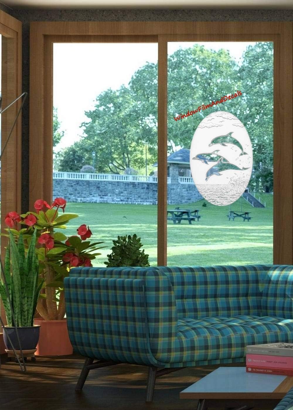 Dolphins Jumping Oval Etched Window Decal Vinyl Glass Cling - 15" x 23" - White with Clear Design Elements