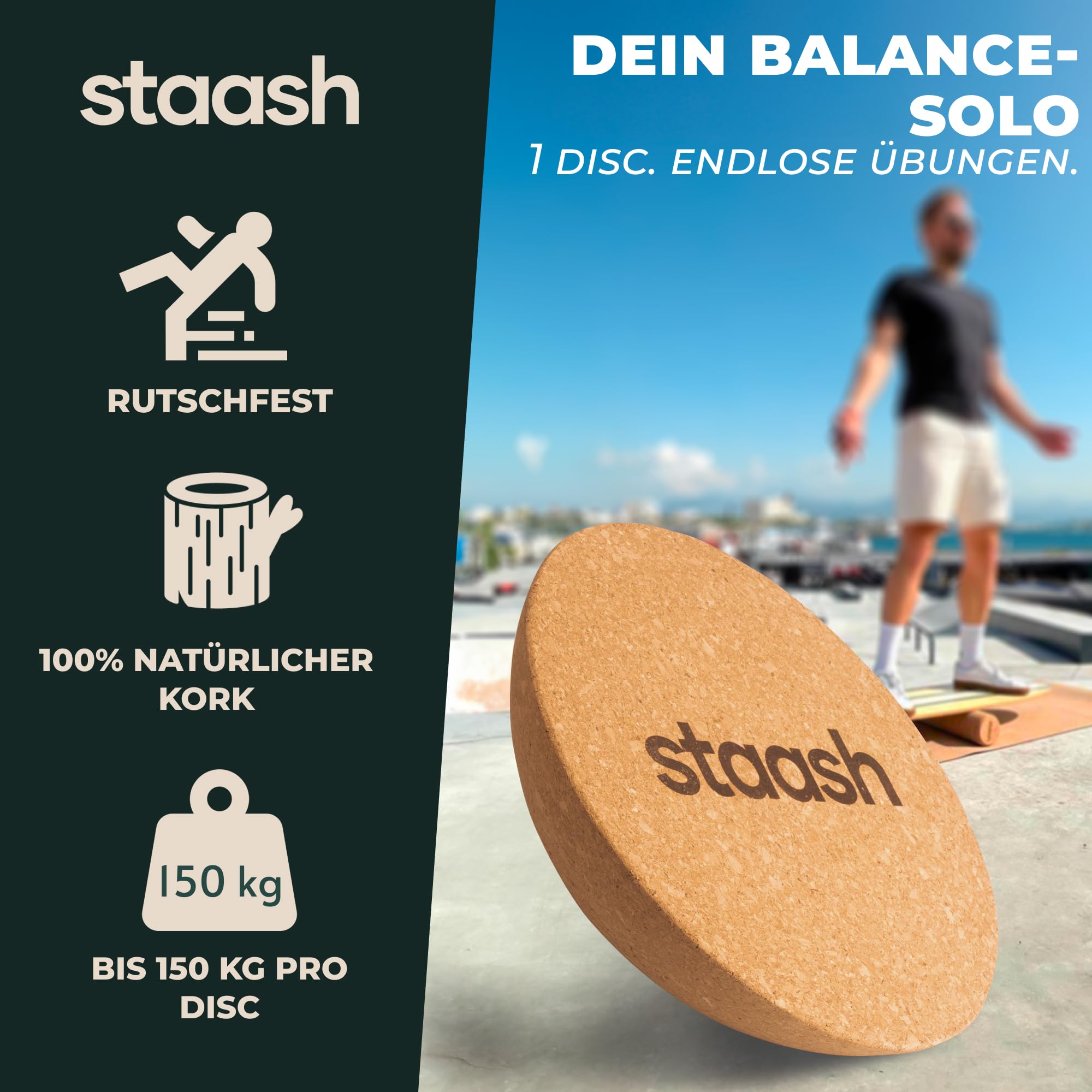 STAASH® Kork-Halbkugel – Balance Trainer Ø30 cm aus Naturkork – Für Yoga, Reha, Fitness & Boardsport – Optional mit Tragebeutel, Antirutschmatte & Massageball – Umweltfreundlich