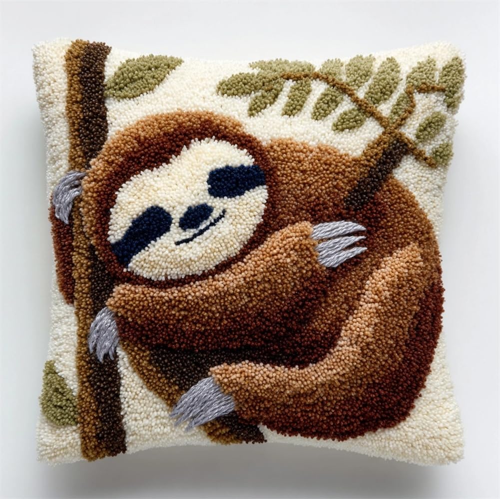 kitphoenix Latch Hook Cushion Kits Sloth Latch Hook Pillow Case Kits Embroidery Kits 17X17Inch DIY Needlework Pillow Cover Sofa Cushion Rug Making Kits, DIY Craft Kits 17X17Inch