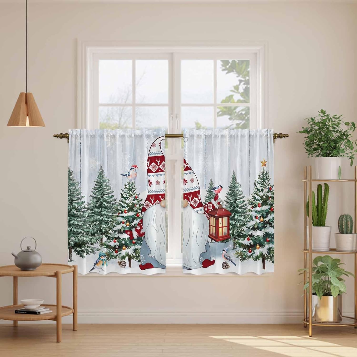 Blue Gnomes Christmas Kitchen Tier Curtains 45 Inch Long 2 Panel Set,Rod Pocket Short Window Treatment,Xmas Tree Snowflake Winter Holiday Curtains & Drapes for Bathroom Basement 27.5"W x 45"L