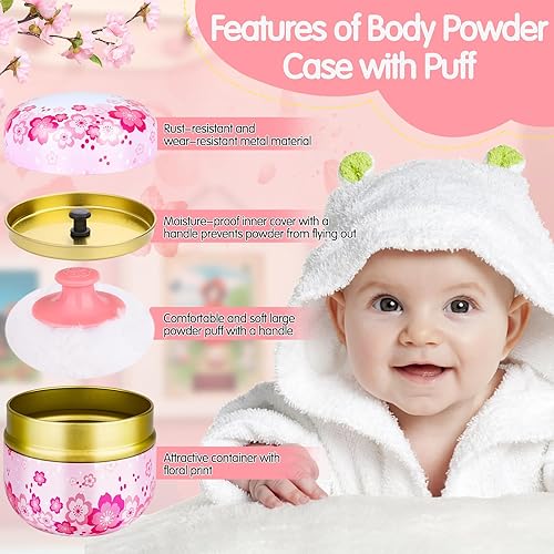 Miniatura 3 de 3 piezas de soplo de polvo corporal y recipiente, contenedor de polvo para bebé con patrón floral con cuchara grande de felpa esponjosa, caja de té