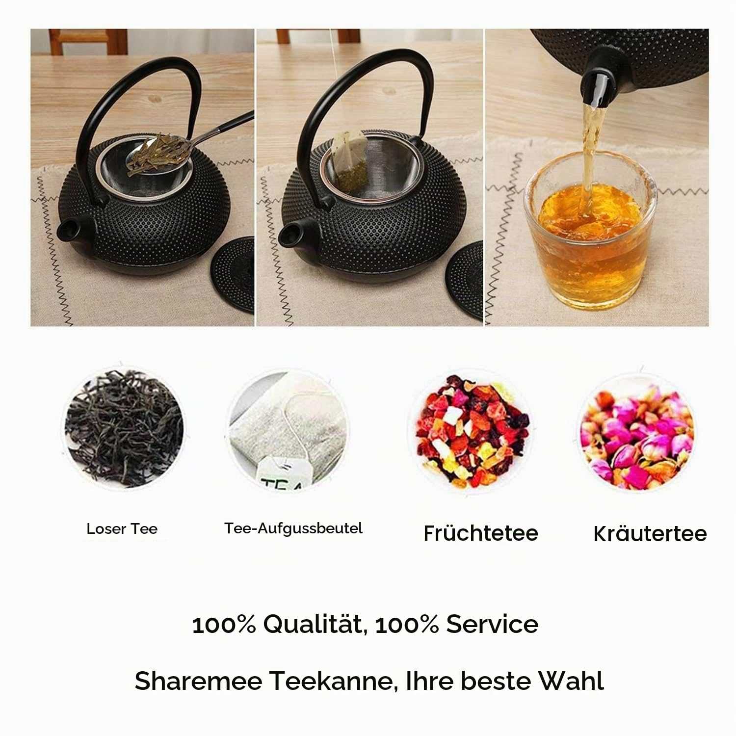 Gusseiserne Teekanne mit Teesieb für losen Blatttee und Teebeutel 800ml
