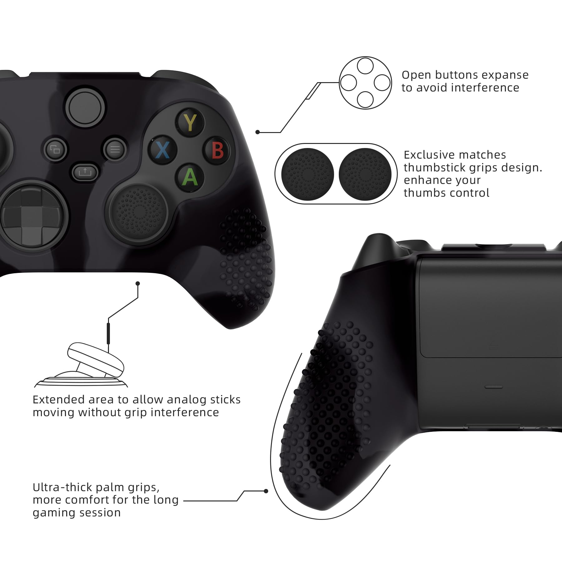 eXtremeRate PlayVital Funda de Silicona para Xbox Series X/S, Carcasa Antideslizante con 6 Thumb Grips, Protector Ergonómico, Accesorios para Xbox Series X/S - 3D Tachonado (Oscuro Gris Negro) - 5