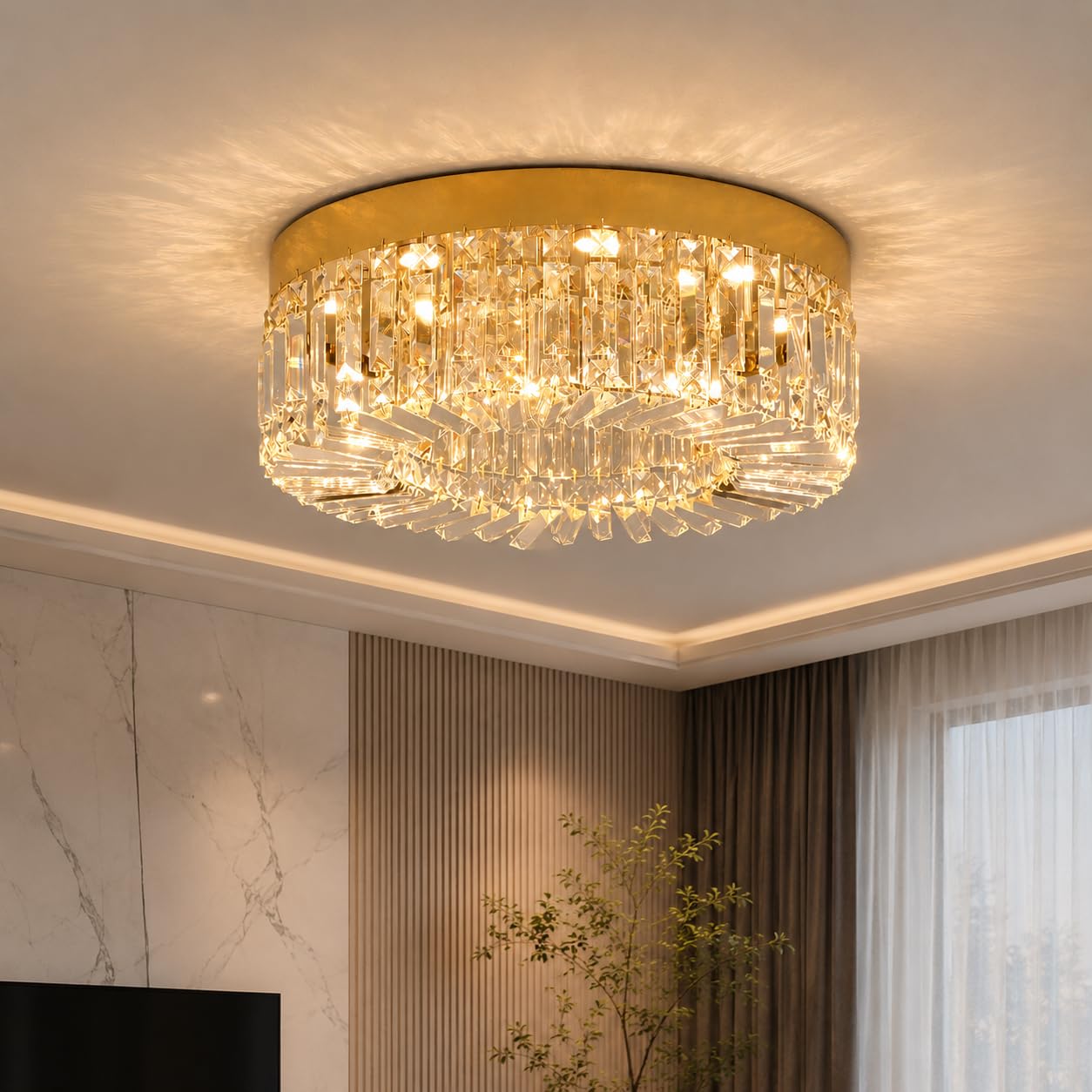VETRULUS Lampadario in Cristallo 50 cm Oro – Plafoniera Semiintegrata Moderna per Sala da Pranzo, Soggiorno, Camera da Letto