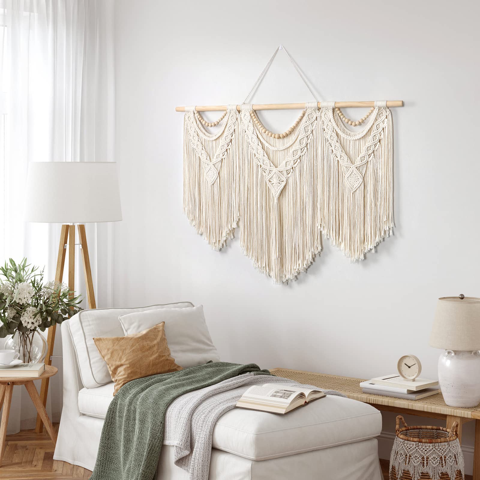 Dremisland Duża makrama, makrama, dywan ścienny, dekoracja ścienna w stylu boho, tkana, beżowe, frędzle, perły, sztuka ścienna, estetyczna chusta na ścianę, makrama, dekoracja ścienna, do sypialni