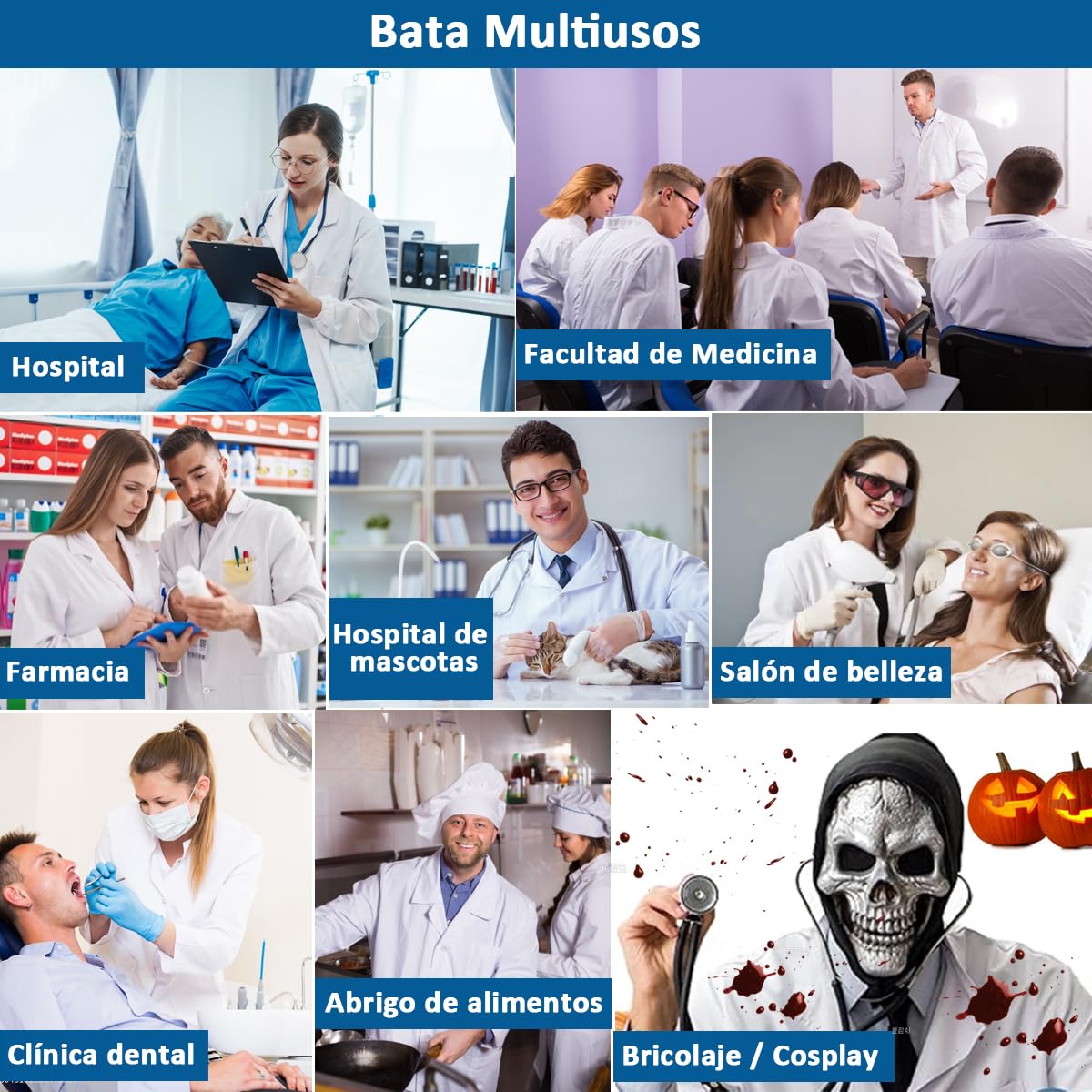 Bata Laboratorio Algodón Blanca Manga Larga Mujer Hombre Médico Enfermera Profesora