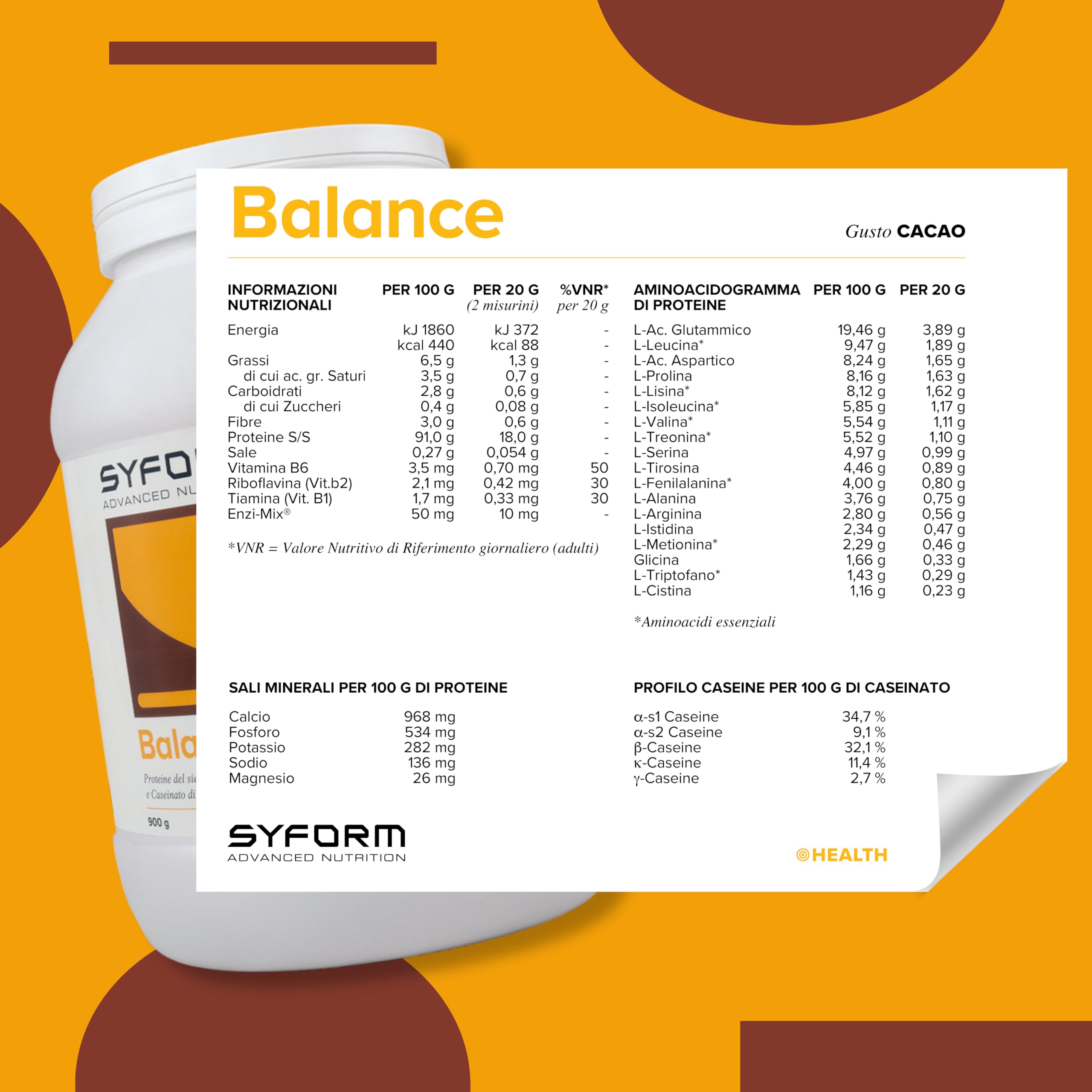 Syform Balance Integratore Sieroproteine Isolate Caseinato di Calcio 900g | Cacao | Integratore Alimentare in Polvere con Proteine a Lento Rilascio | Senza Glutine