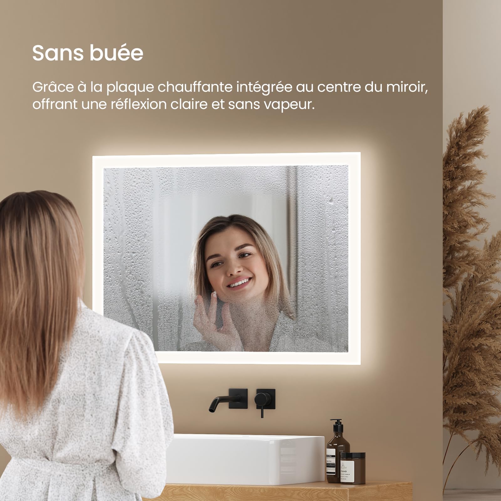 EMKE Miroir Salle de Bain LED Rectangulaire 50x70 cm Interrupteur Bascule | Miroir mural IP44 pour hôtel et maison,Antibuée,Pose verticale ou horizontale,2 couleurs 3000K/6500K