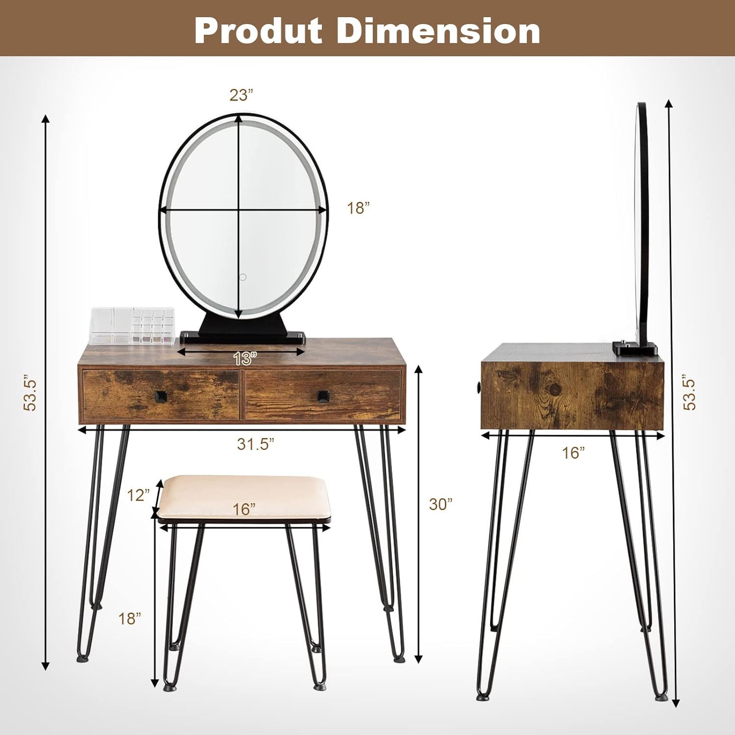 KOTEK Vanity Table Set with Lighted Mirror, Makeup Vanity Desk w/Cushioned Stool, 3-Color Touch Screen Dimmable Mirror, 2 Drawers, Makeup Organizer, Dressing Table for Bedroom (Rustic Brown)