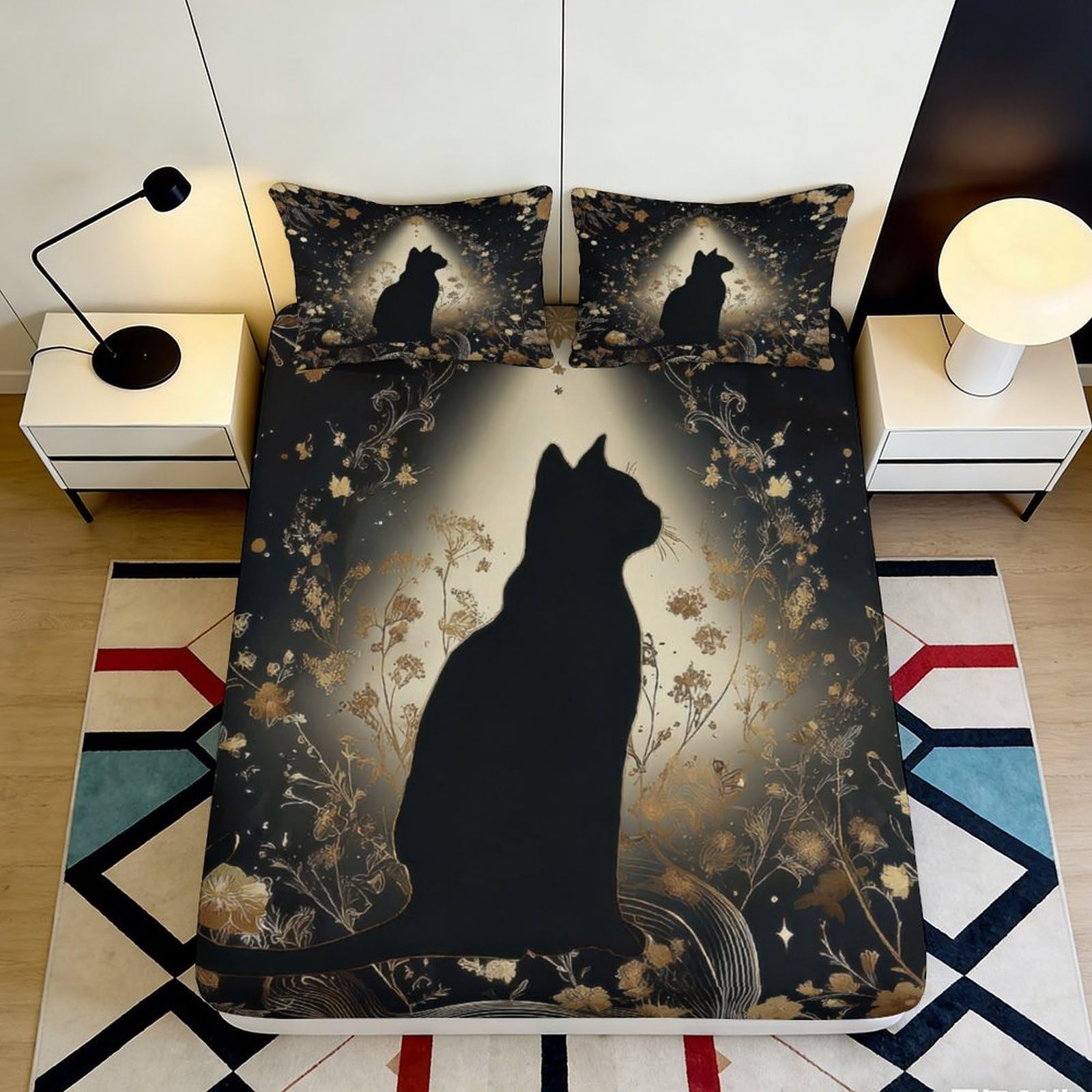 3D Printed Black Cat Floral Fitted Sheet Microfiber Soft Breathable Silhouette Bed Cover for Bedroom Dormitory Guest Room Mattress Protection Decor 120x200x25cm