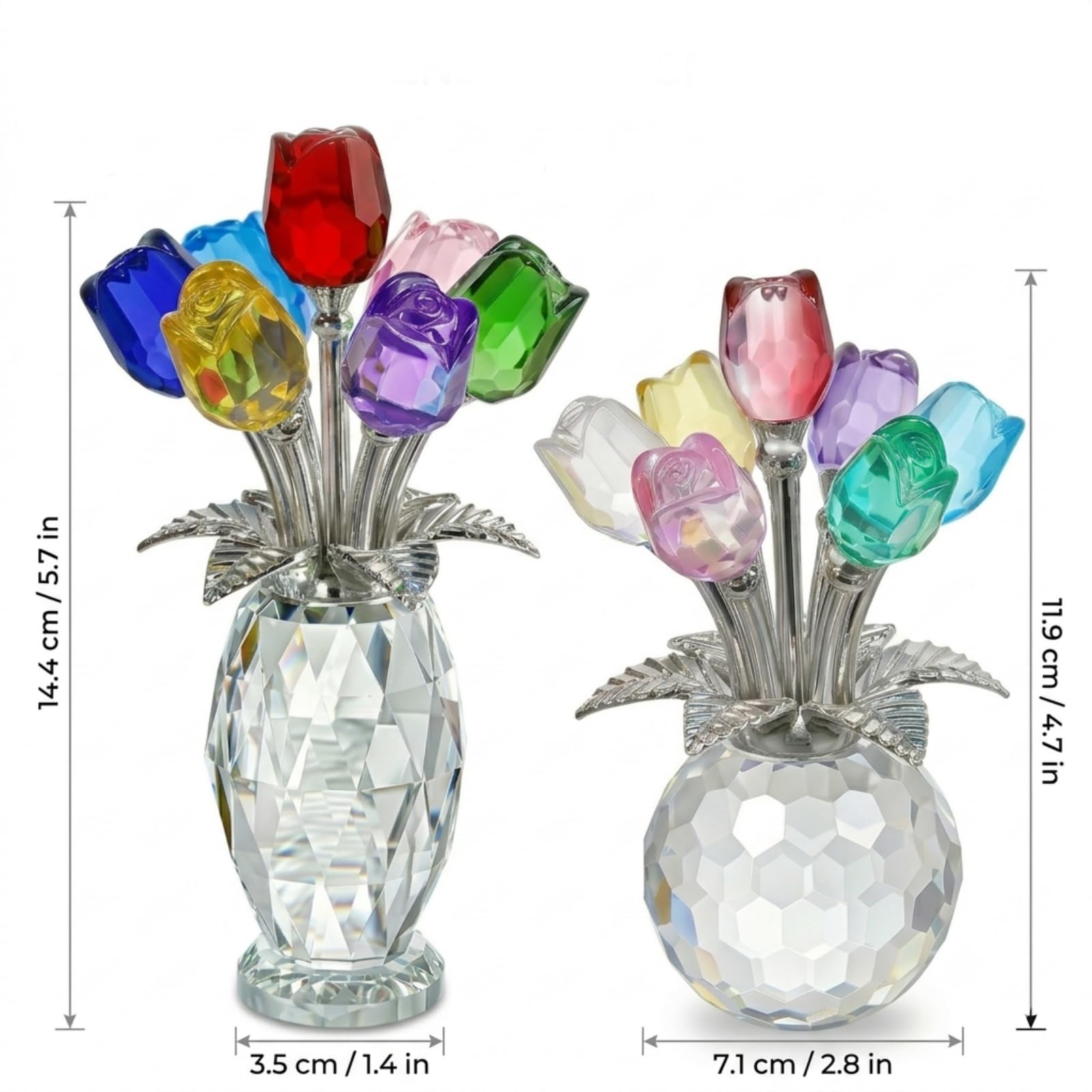 Juego de 2 figuras coloridas de rosas de cristal sólido para regalo