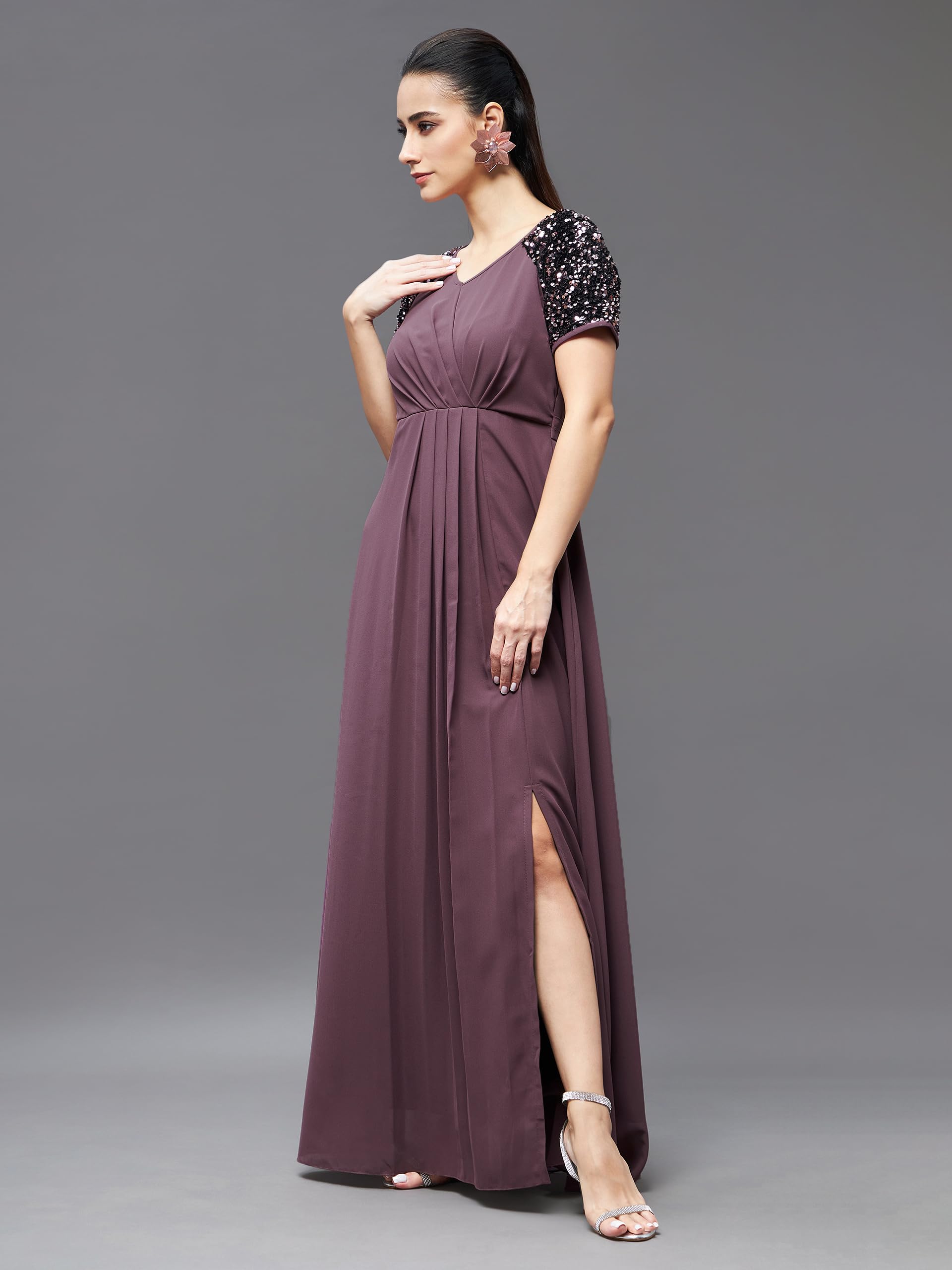 Miss Chase Women's Relaxed Fit Maxi Georgette Dress (Mcss22D16-18-271-02, Mauve, Xs)