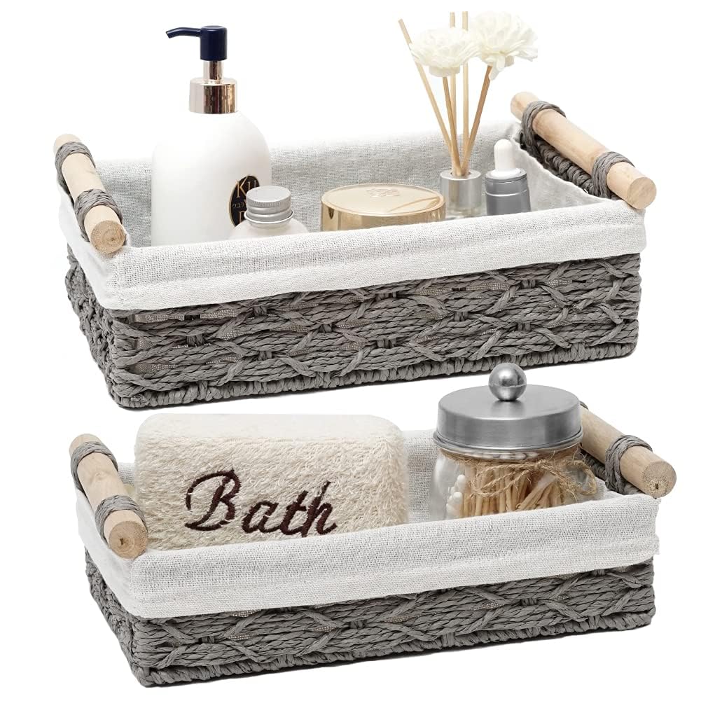 Excefore Small Wicker Baskets Set for Organizing with Handle Decorative Bins for Countertop Toilet Paper Storage Basket for Toilet Tank Top (Set of 2,Grey)