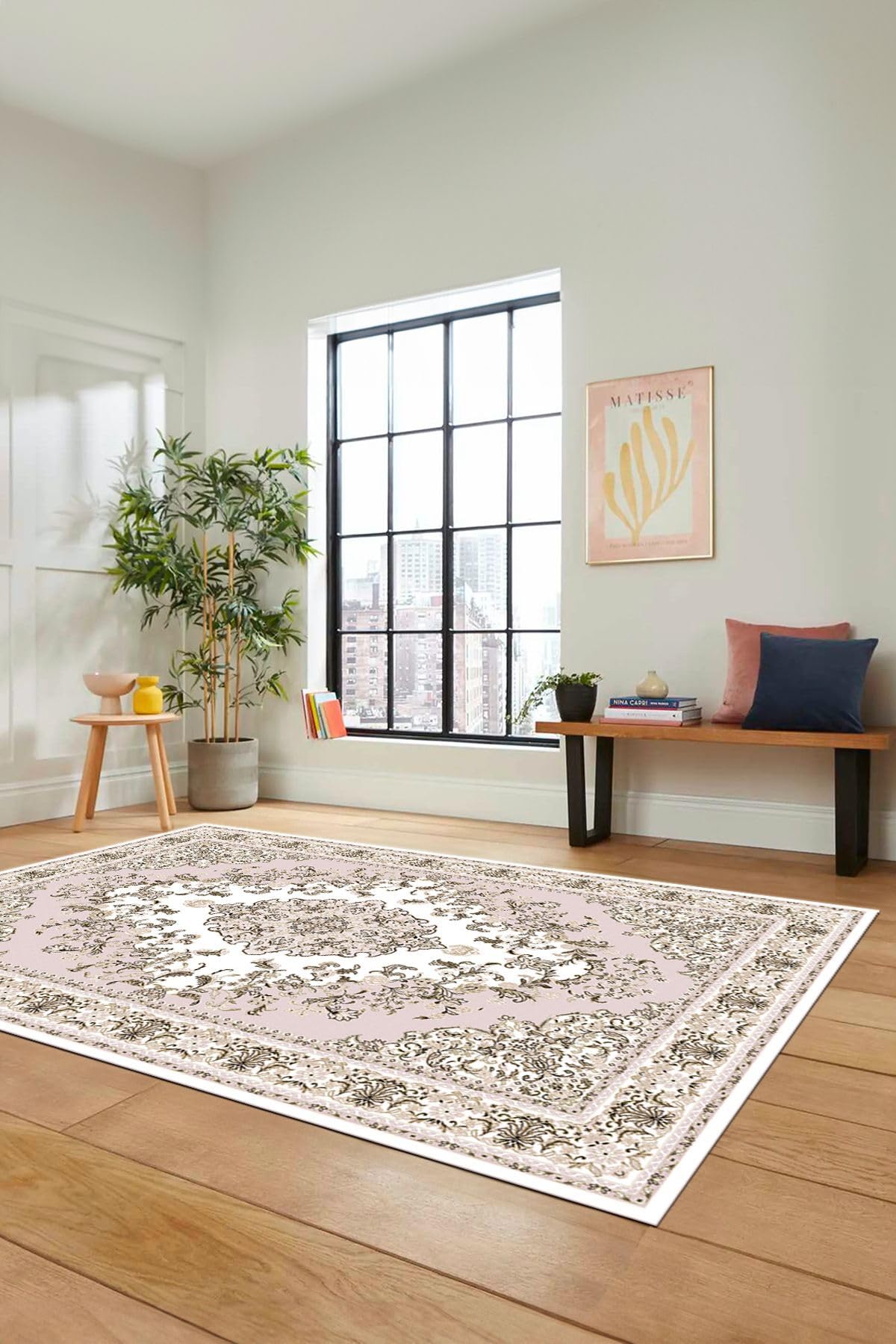 Evdeya Klasik Desenli Dijital Kaymaz Taban Yıkanabilir Yolluk Mutfak Salon Halısı KLASİK-23, Pembe, 80 x 300