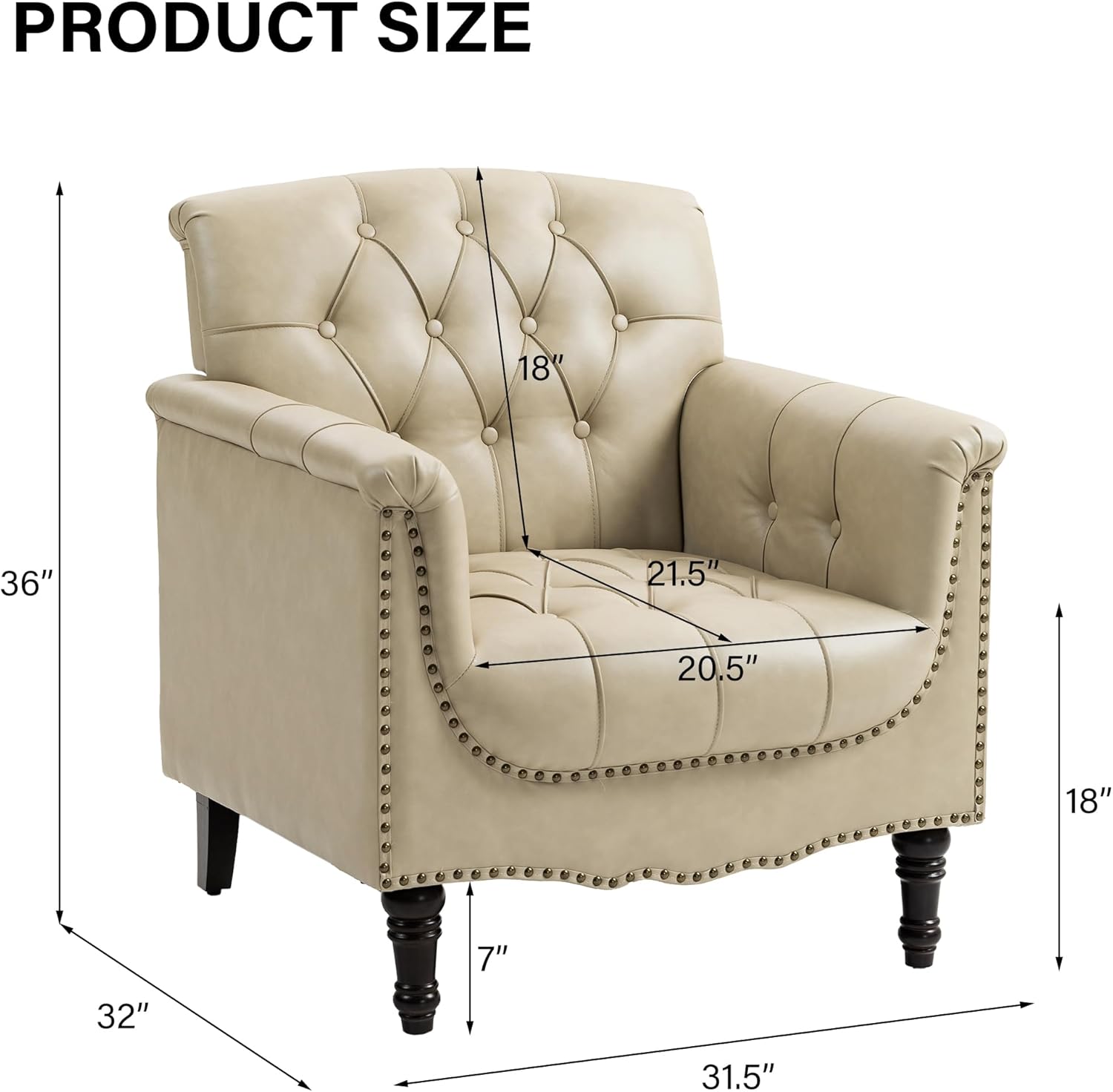 Faux Leather Accent Chair, PU Leather Modern Comfy Upholstered Armchair with Wood Legs & Nailhead Trim for Living Room, Bedroom (Beige,Set of 1)