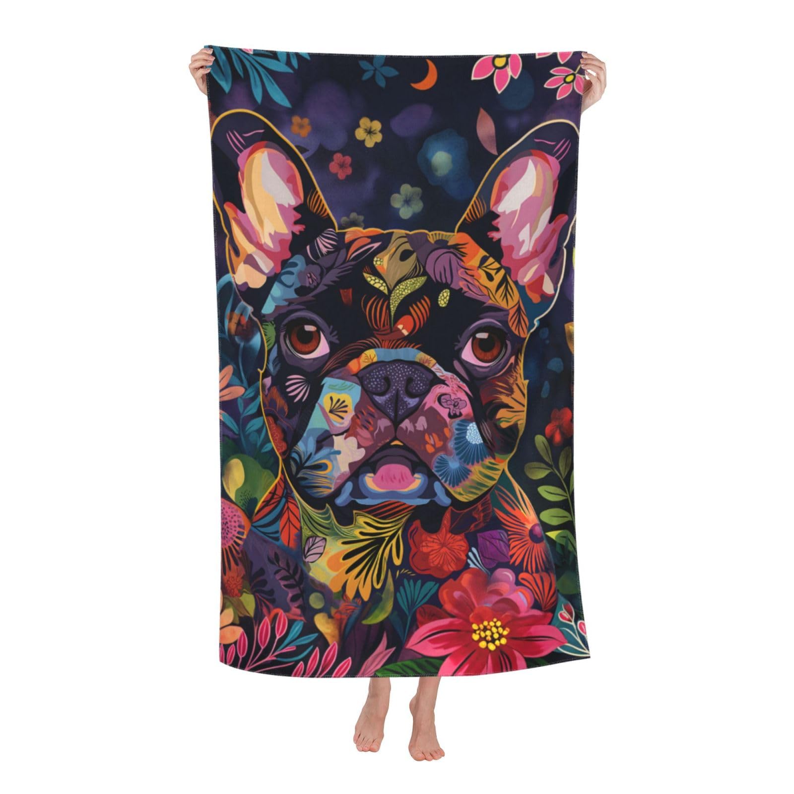 VANZEV Colorful French Bulldog Beach Towel 31inx51in, Floral Dog Sand-Free Microfiber Bath Towel Ultra Soft Quick Dry Pool Towel Absorbent Towel