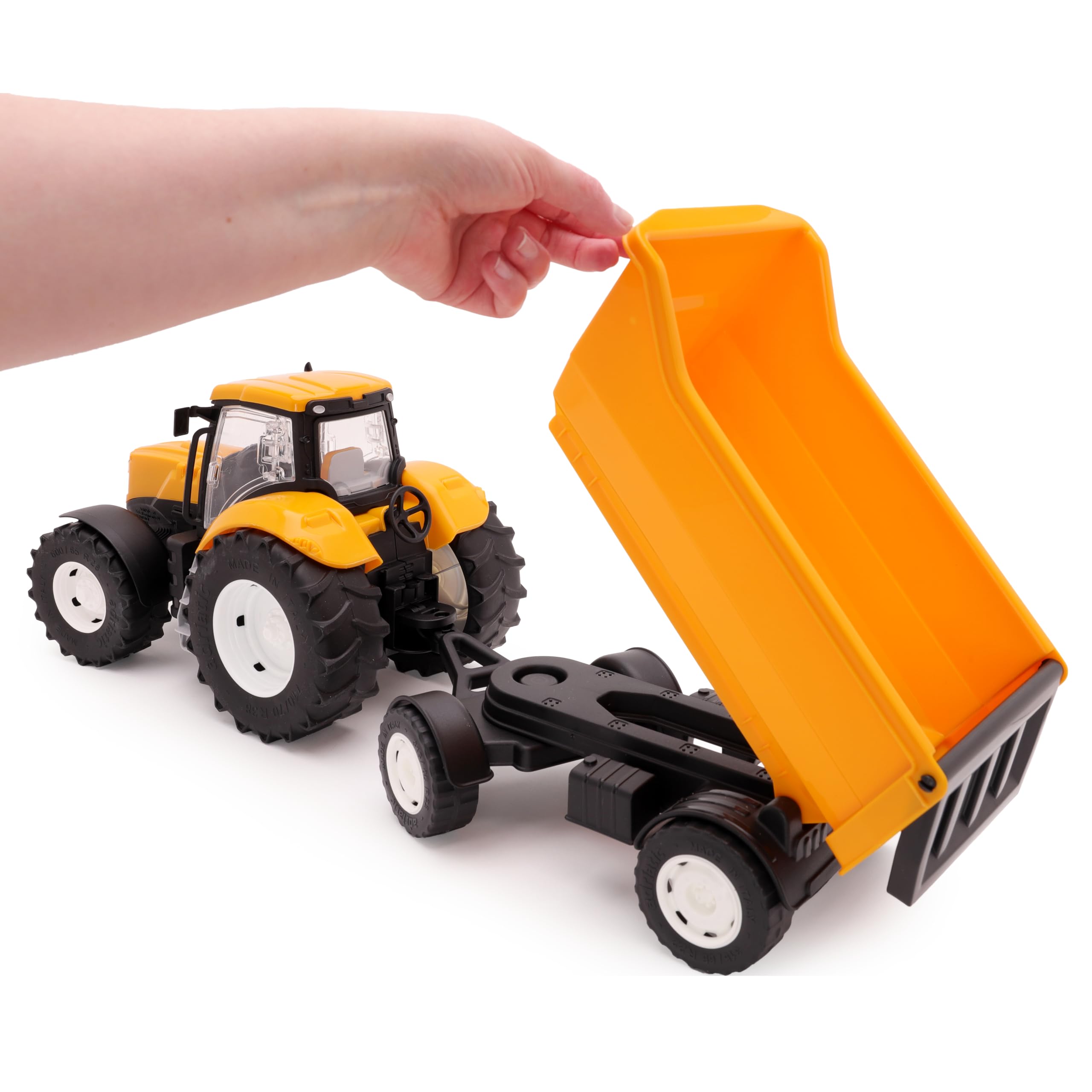 Toyland® 60cm (24") trattore e rimorchio gialli con porte apribili e rimorchio sollevabile - Scala 1:16 - Veicoli agricoli giocattolo