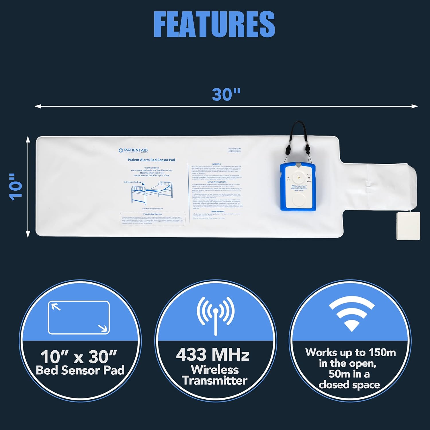 Patient Aid Patient Wireless Bed Alarm 10"x30" Mattress Pad with Motion Sensor, 3 Chime and Mounting Options, AC Adapter, Fall Prevention System for Seniors - Bed Alarms for Elderly - Mailbox Alert