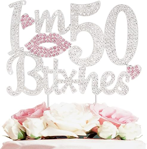 LASKYER Decoración para pastel con diamantes de imitación rosa con texto en inglés "I'm 50th Birthday Cheers to 50 Years Old Fifty Bday Party Metal