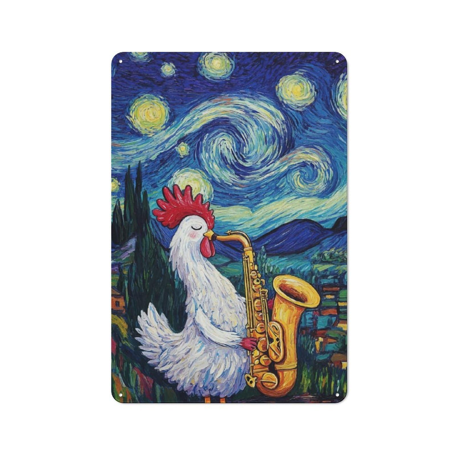 Junmoney Rooster Plays Saxophone Tin Wall Plaque 30X20cm With For Hallway Wall, For Home Interiors, Feature Walls And Decorative Displays