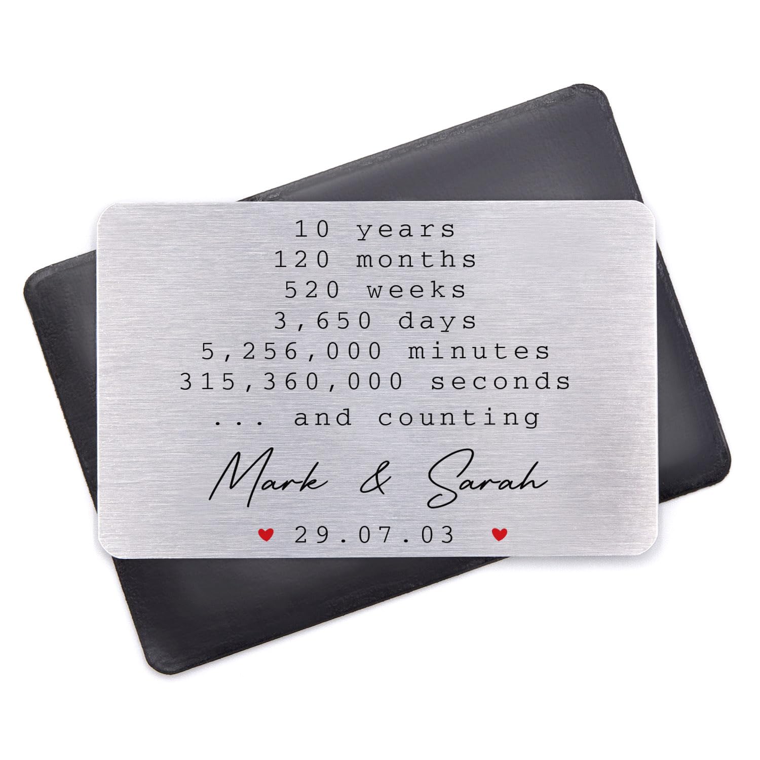 Beecreative Personalised 10th Tin Anniversary Wallet Card For Him - 10th Wedding Anniversary Husband - 10 Years Together Boyfriend - With Holder