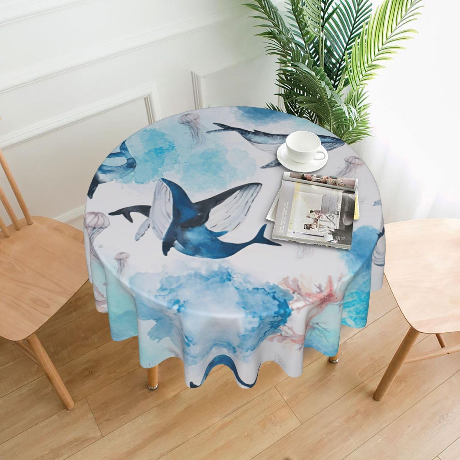 VCzsdff Sea whale and jellyfish Print Stain Resistant Round Tablecloth 60in Family Friendly Polyester Cloth for Kids Meals