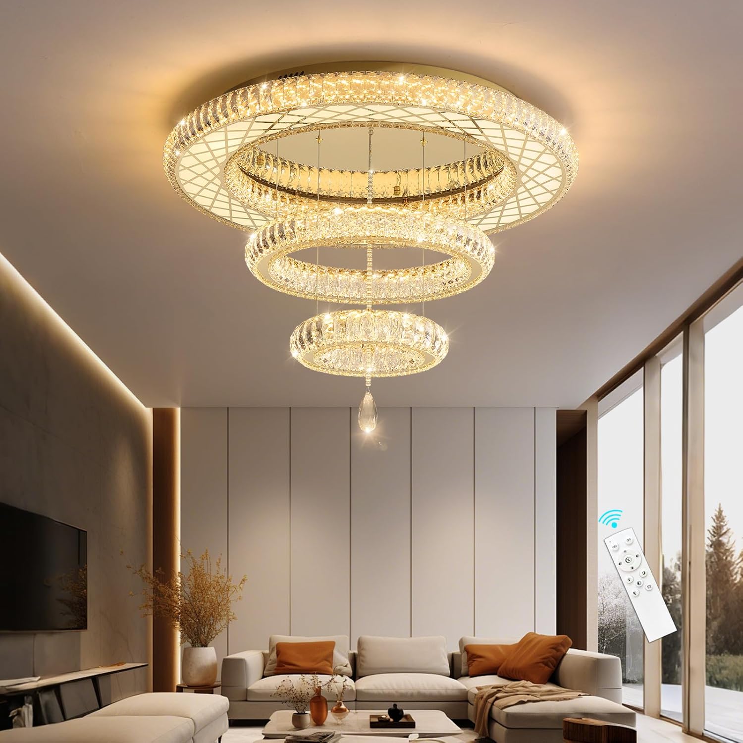 Dia 32" Modern Crystal Chandeliers Dimmable Chandelier 3 Rings LED Flush Mount Ceiling Light for Living Room Dining Room Bedroom Gold