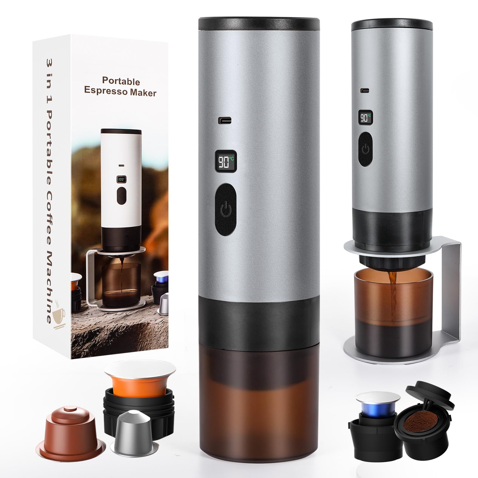 SOPPY Portable Coffee Machine with Coffee Drip Stand, Electric Coffee Maker with Self-Heating System, Works with Large/Small Capsules & Coffee Powder, Compact for RV Office Home Camping (Grey)