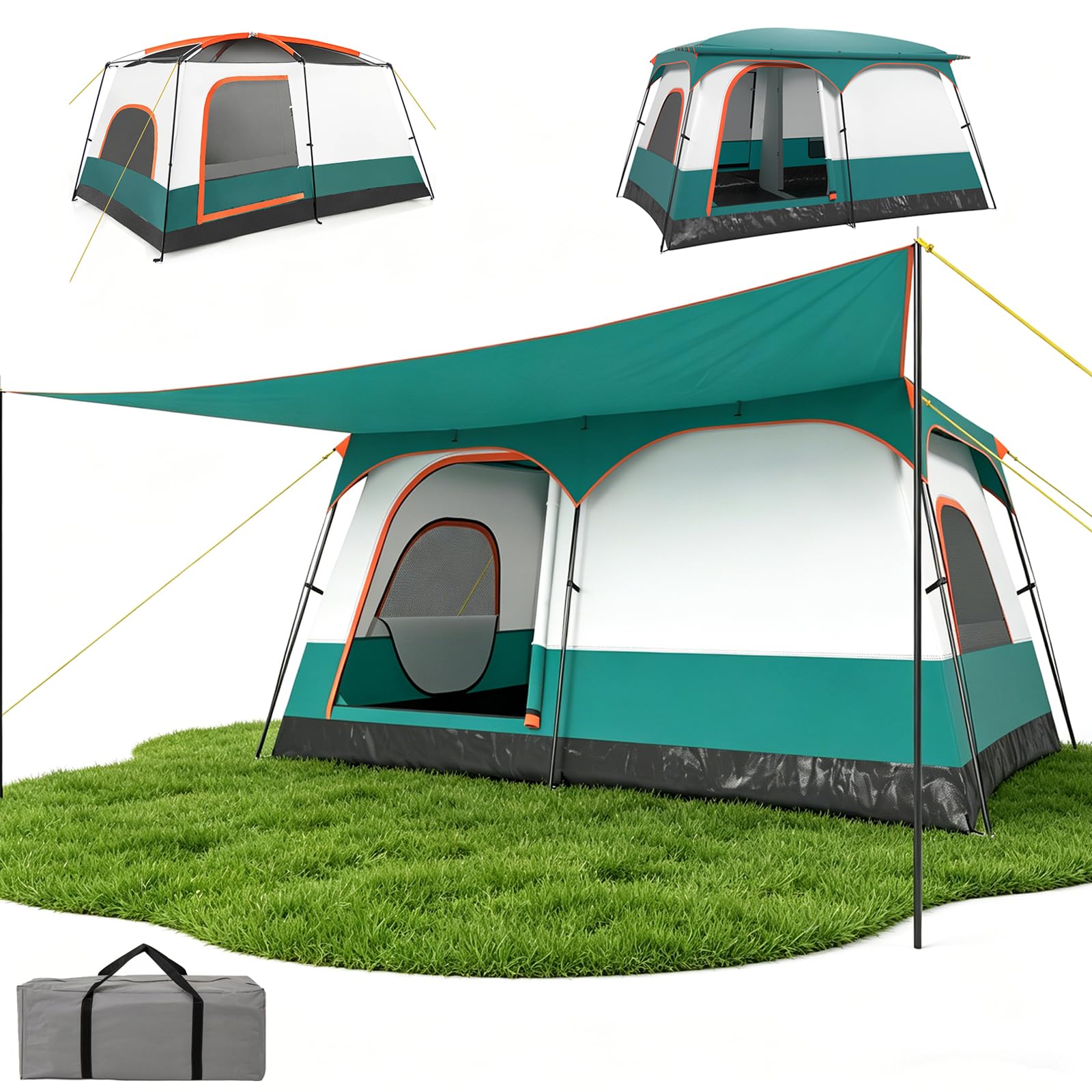 GYMAX Tunnelzelt 4-10 Personen, Wasserdicht 3000mm, Stehhöhe 1,8-2m, Camping Zelt mit 2 Eingänge, Vordach & abnehmbares Doppeldach, große Familienzelt für Camping, Reise & Trekking
