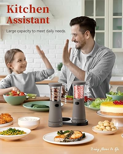 Miniatura 26 de Juego de molinillo eléctrico de sal y pimienta con base de almacenamiento, juego de molinillo de sal y pimienta recargable de acero inoxidable