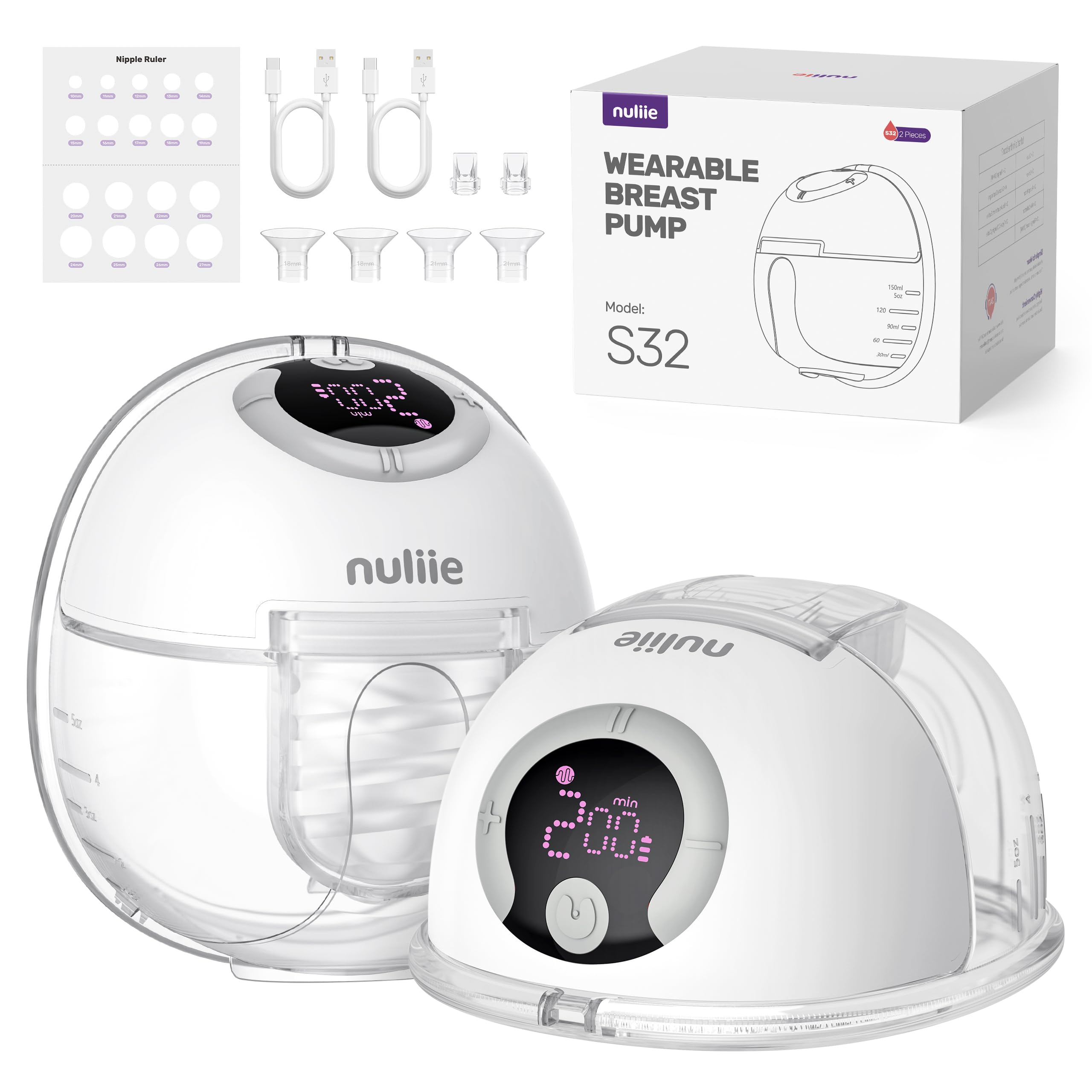 Nuliie Milchpumpe Elektrisch tragbare (2 Packs, Perlweiß)