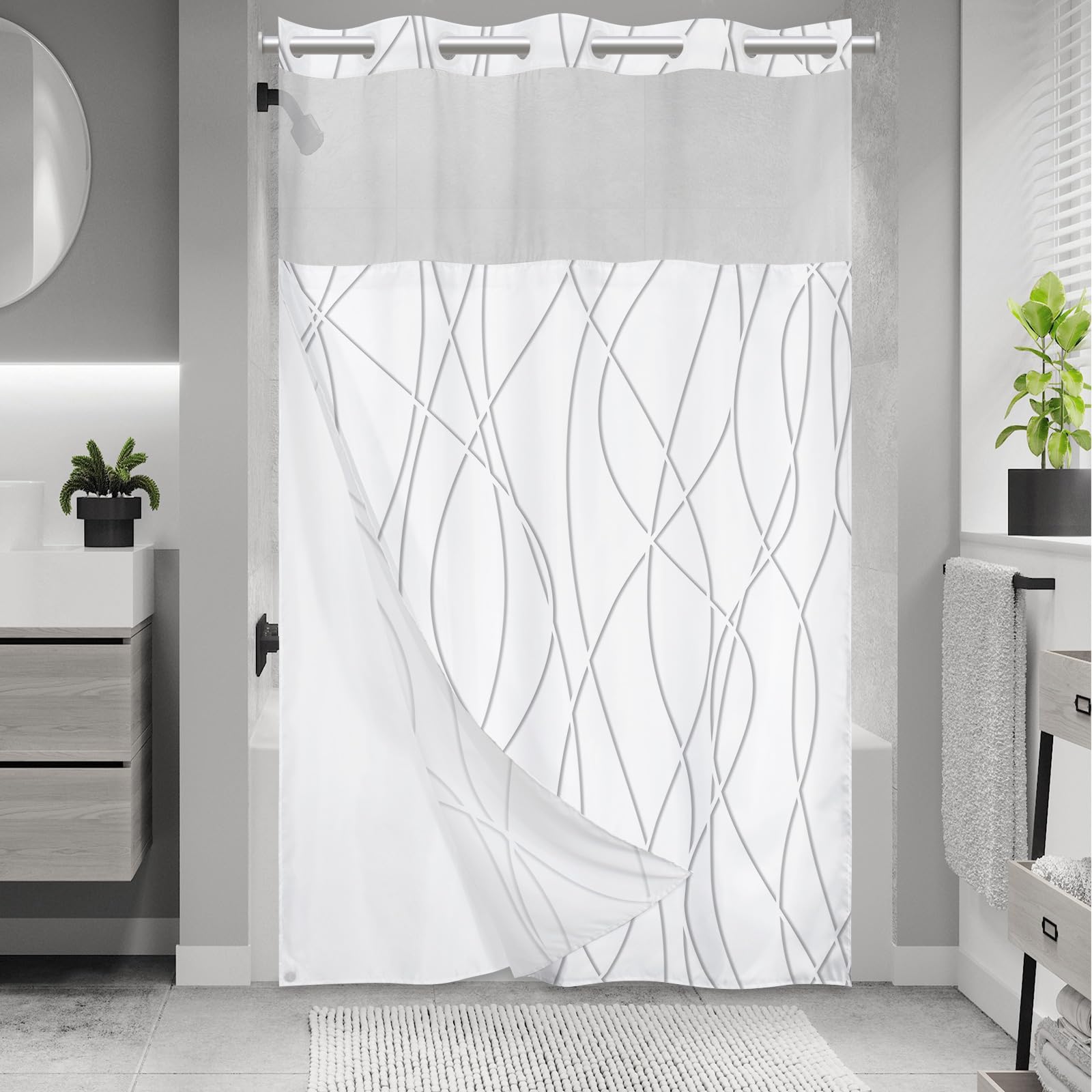LXBNI No Hook Grey Shadow Striped Stall Shower Curtain with Snap in Fabric Liner Set - Hotel Shower Curtain and Liner Set with See Through Mesh Top Window,Machine Washable, 54x80 INCH