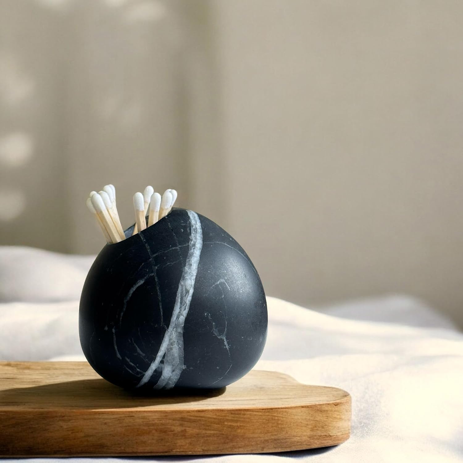 Black Marble Toothpick Holder, Match Holder for Candles, Decorative Natural Stone, Modern Home Decor (Nero Marquina Marble)