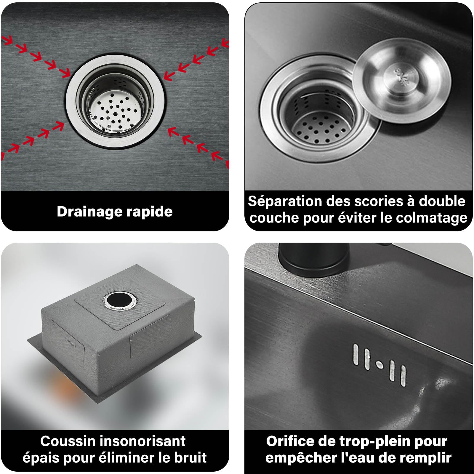 Evier Inox avec Egouttoir et évier mobile,lavabo cuisine avecavec Trous pour Robinets et Distributeur de Savon Panier à vaisselle 1 pc55*45 * 20cm Noir
