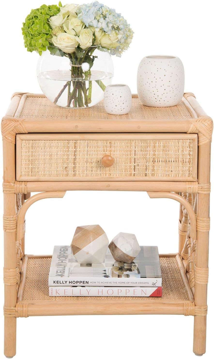 KOUBOO Rattan Bedside Table with Drawer – Chippendale Design Nightstand Table for Living Room | Boho Table Mid-Century, Modern Accent Table with Storage for Bedroom Furniture, Light Brown