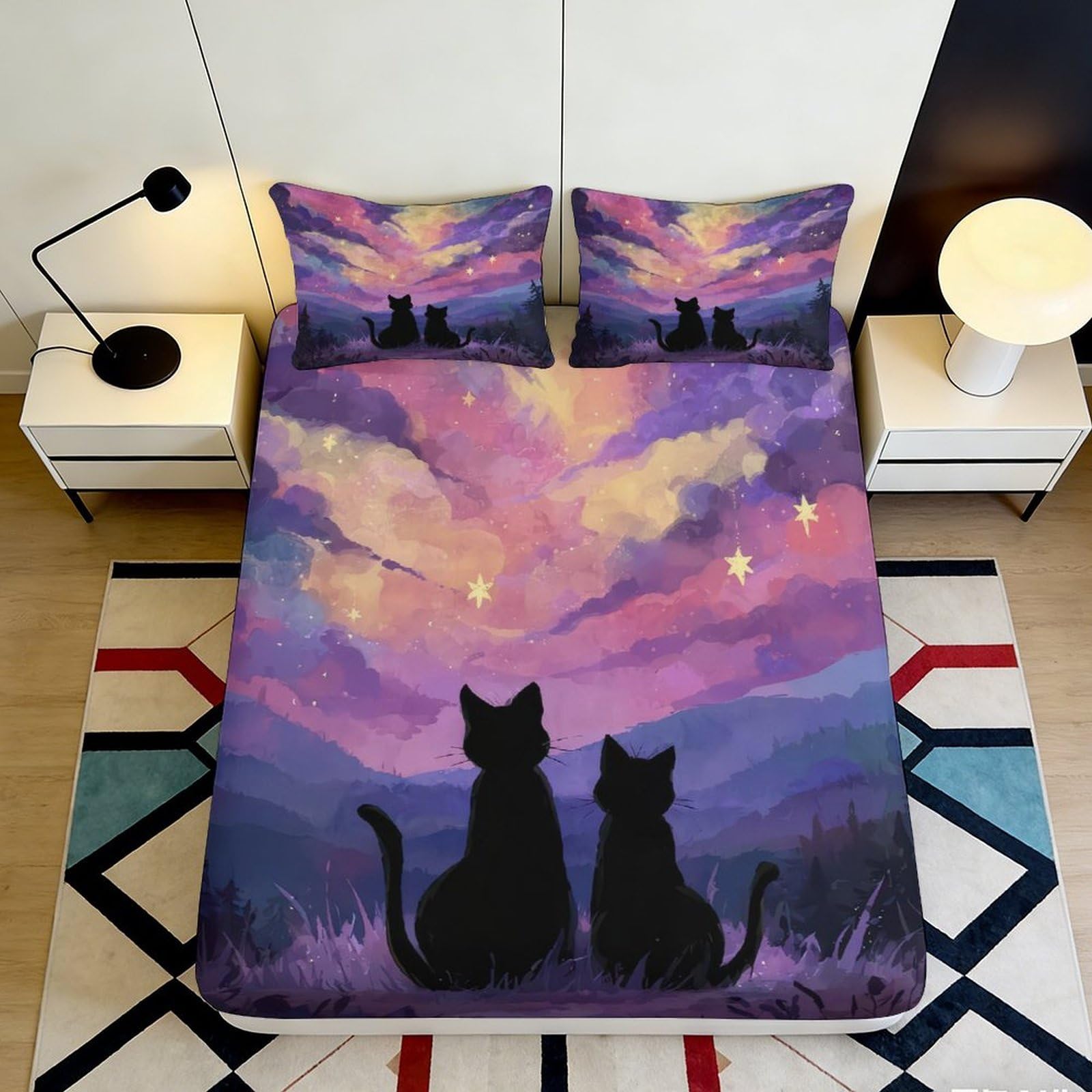 Jqzkxnhpbr Style-1 3D Printed Sunset Cat Silhouette Fitted Sheet Microfiber Purple Sky Bed Sheet For Bedroom Guest Room Mattress Decor 90X200x25cm