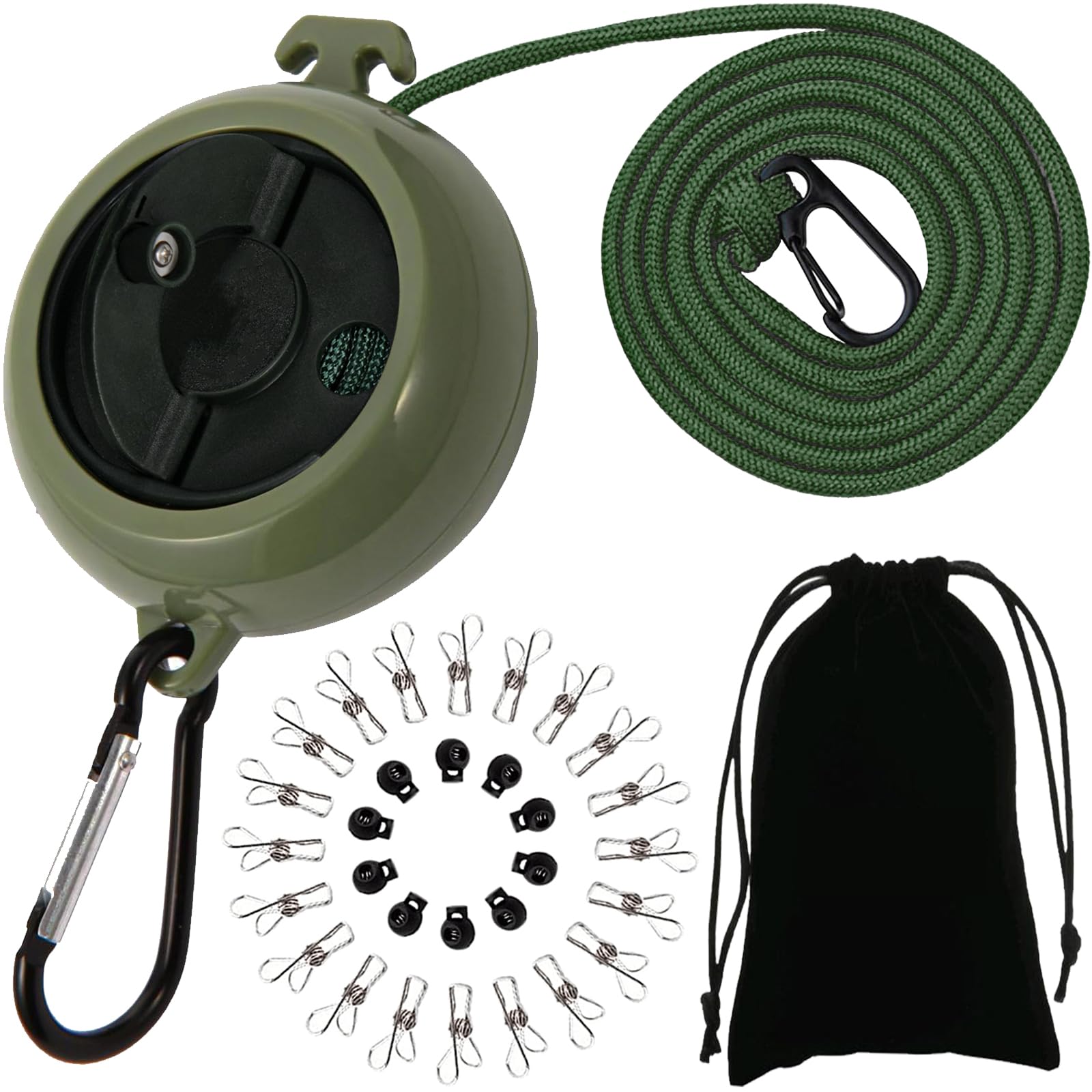 ZONSUSE Portable Travel Clothesline,Adjustable Camping Clothesline,10m Anti-Tangle Retractable Clothes Line,with 10 Fixed Buckles and 20 Clothespins, for Indoor Outdoor Balcony Garden Hotel (Green-A)