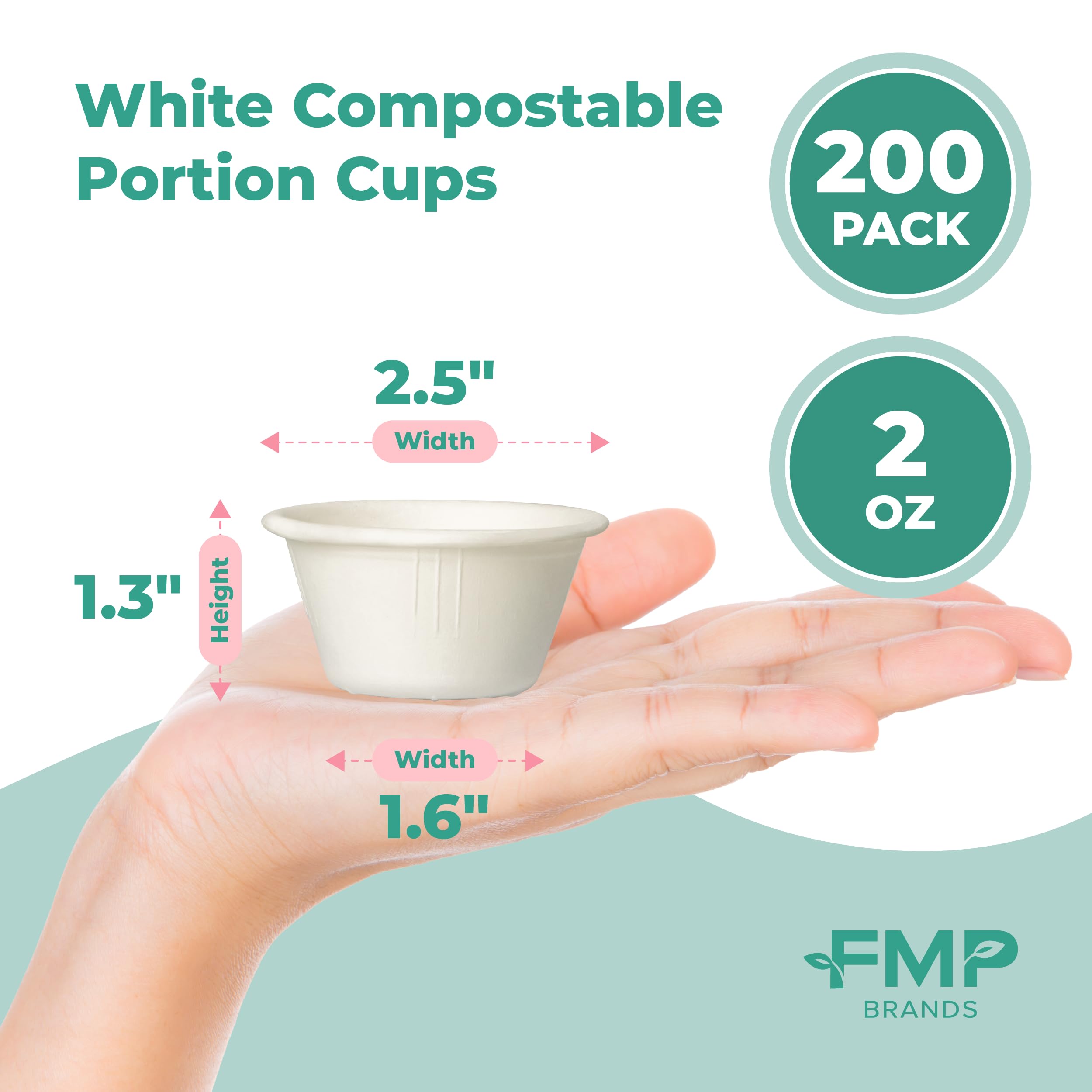 [Paquete de 200] Vaso desechable compostable blanco de 2 onzas, 100% biodegradable de caña de azúcar/bagazo, alternativa a vasos de papel y plástico, recipientes ecológicos para alimentos fríos o