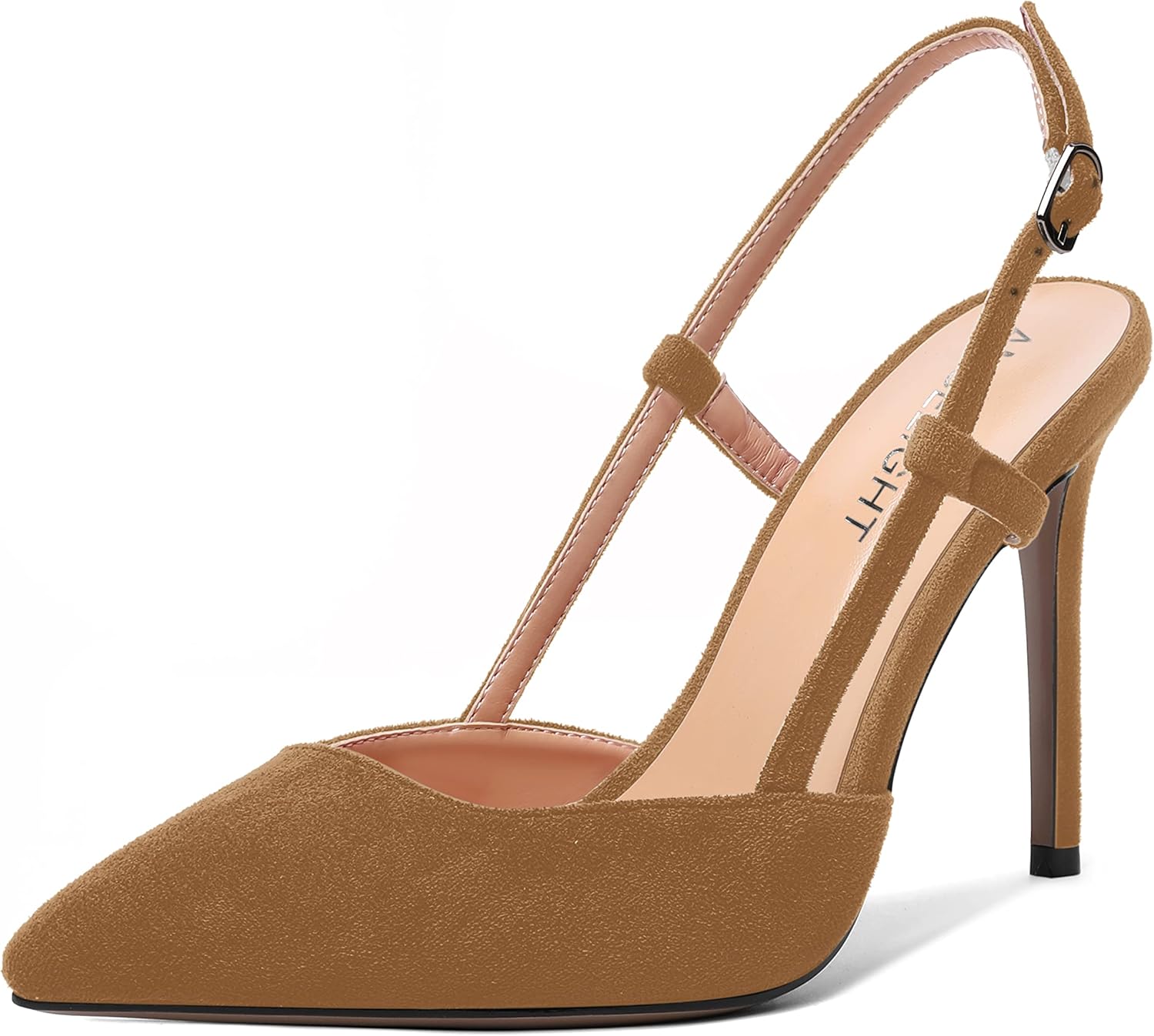 AMBELIGHT Women's Pointed Toe 4 Inch High Heel Suede Solid Stiletto Slingback Casual Pumps Shoes Brown Size 7.5 - Zapato Tacon