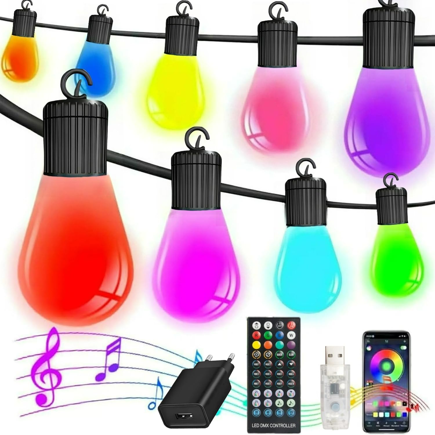 Guirlande lumineuse LED d'extérieur de 15 m, étanche IP65, multicolore, 20 ampoules RVB S14, application intelligente et télécommande contrôlée, pour terrasse, arrière-cour, fête, mariage, jardin