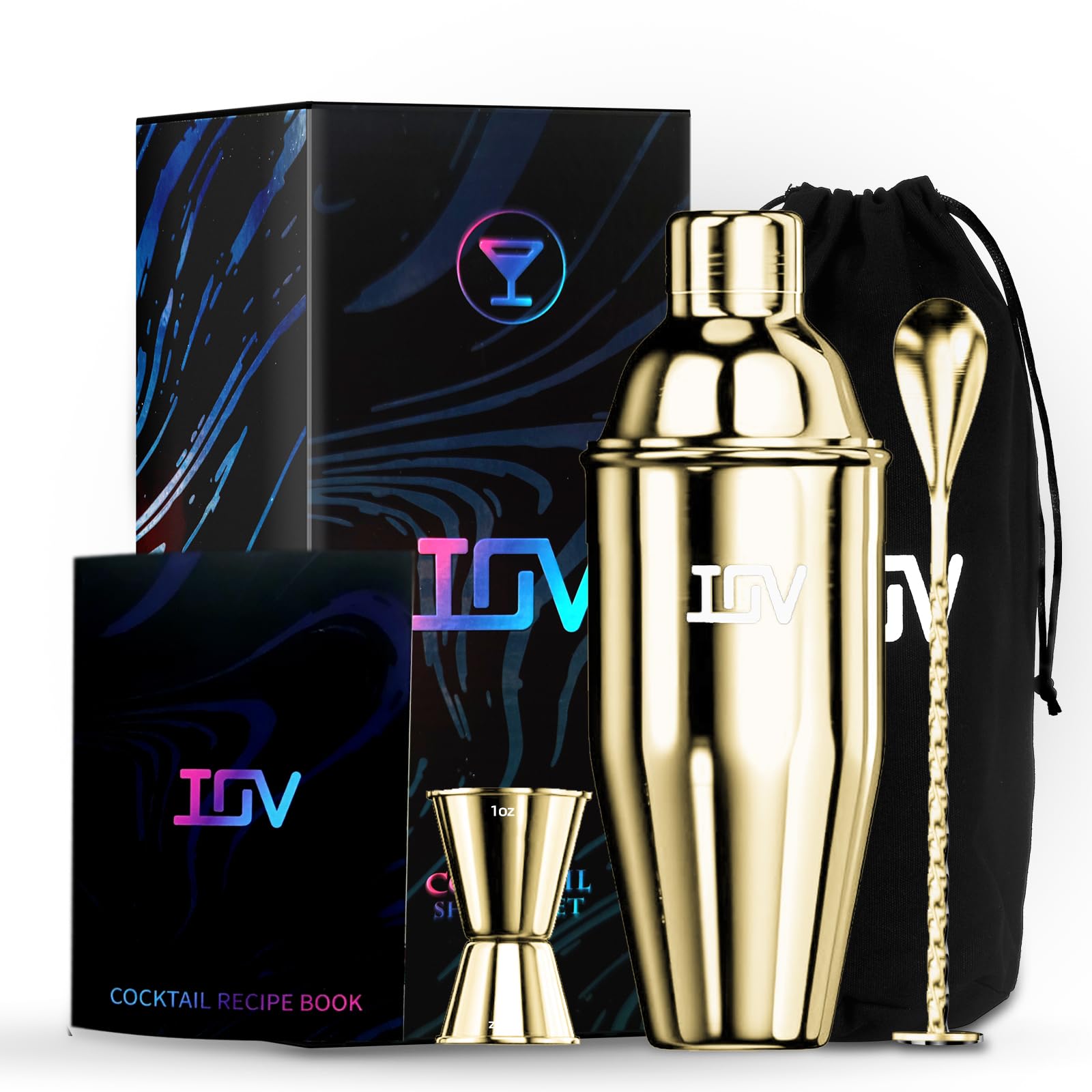 IOV Juego de coctelera para cócteles, coctelera de martini de 24 onzas con colador integrado, kit de herramientas de bar con folleto de recetas, coctelera profesional grande de acero inoxidable para