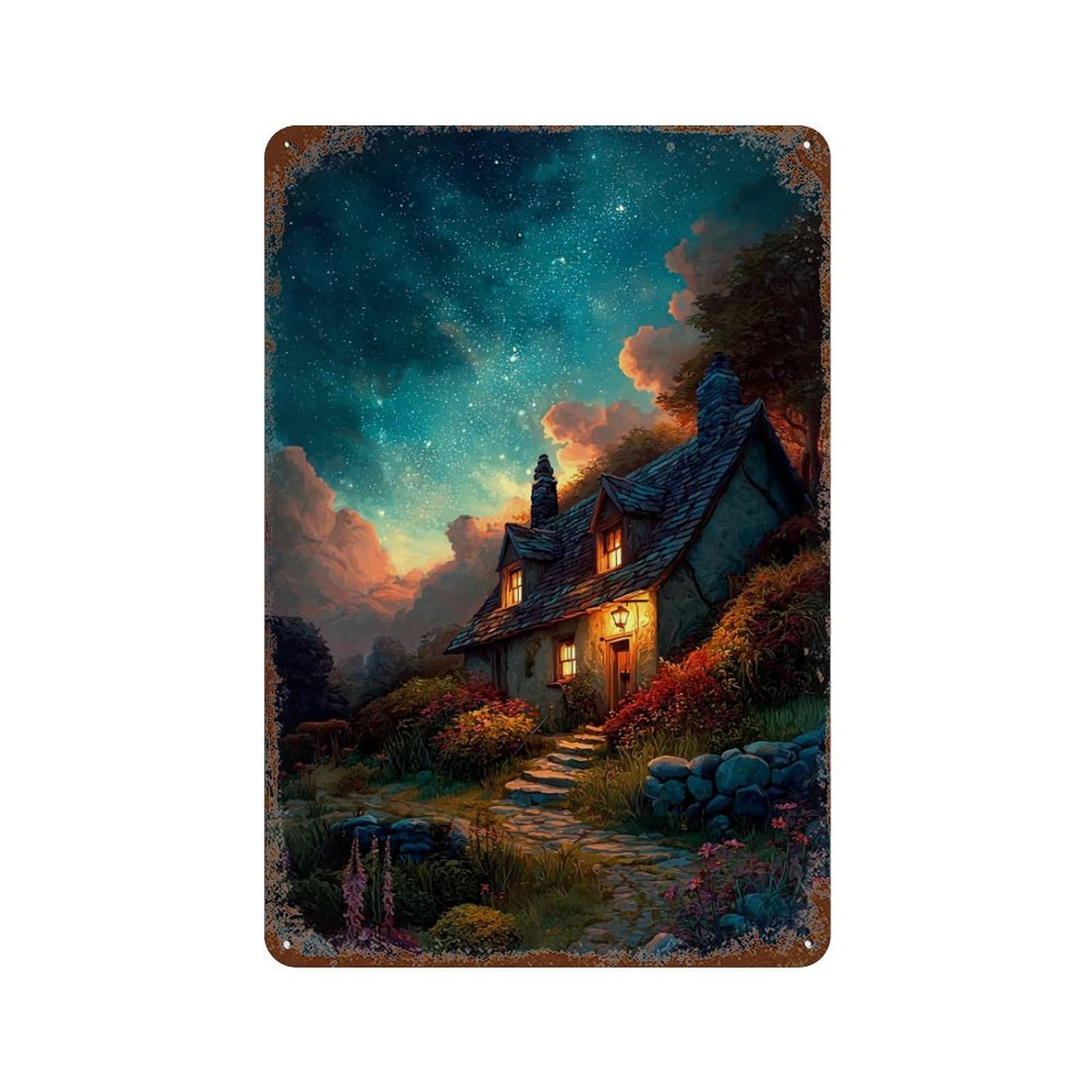 Cozy Cottage Under Starry Sky Rustic Tin Plaque 11.8"x7.9", Rustic Home Decor for Office, Studio And Wall Decor