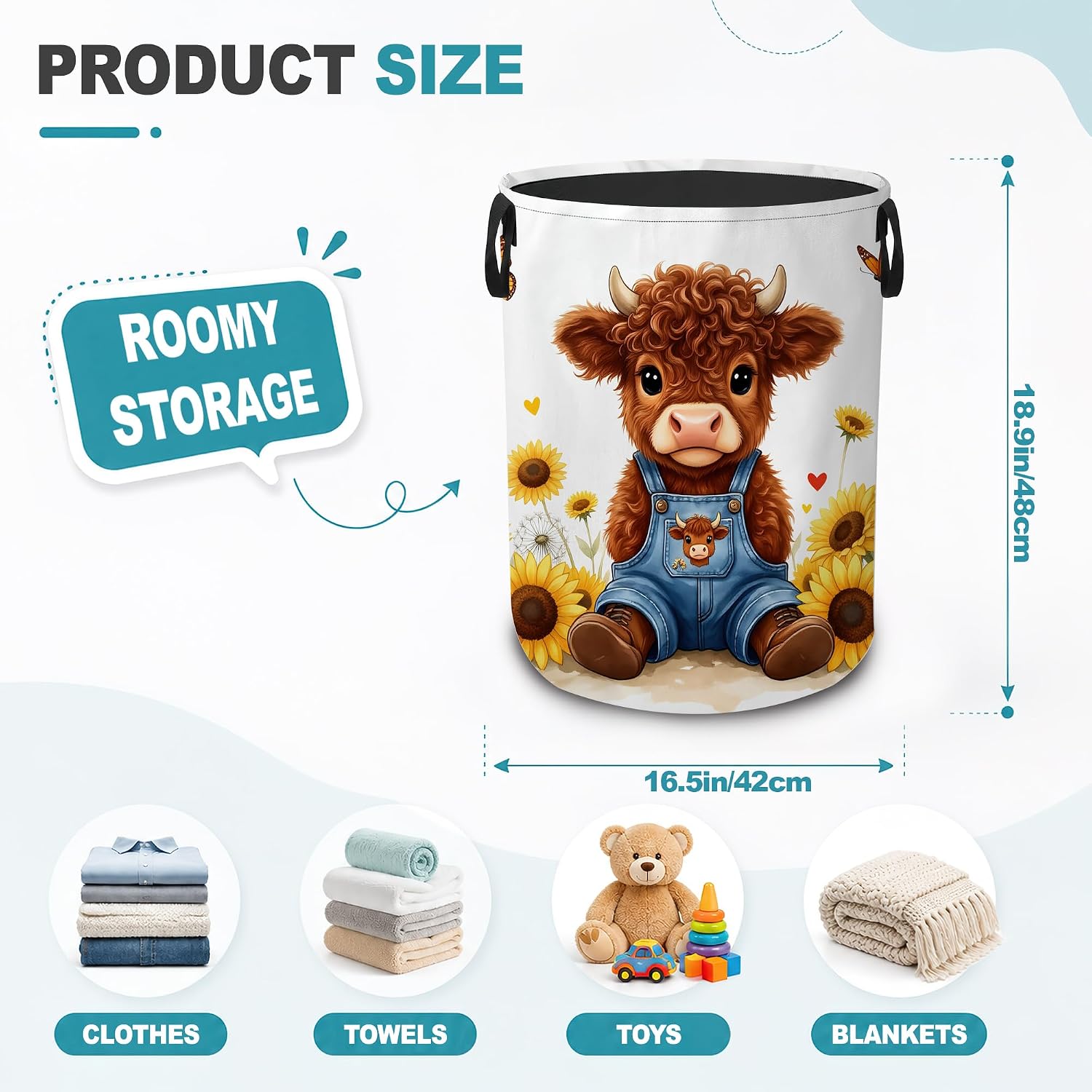 Laundry Hamper,Cute Highland Cow Collapsible Laundry Basket with Handles,Sunflower Farm Waterproof Oxford Cloth Clothes Organizer for Bedroom Bathroom Dorm Nursery,16 x 20 Inch image 2