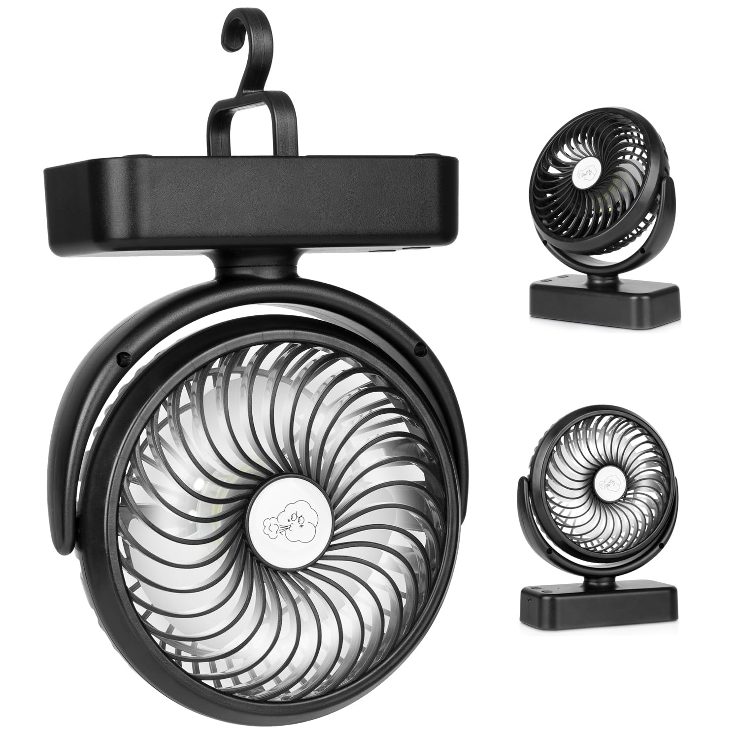Ventilador portátil de camping con linterna LED - 40 horas de funcionamiento Ventilador recargable a pilas con gancho para colgar en tienda, coche, autocaravana, huracán, equipo de supervivencia