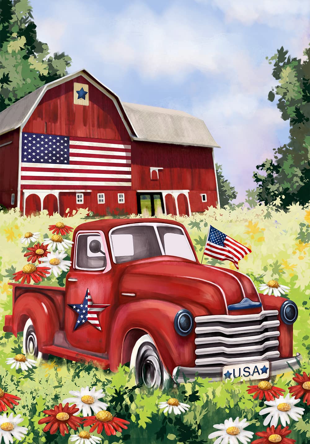 TexupdayAmerica Patriotic Red Truck Floral Daisy House Decoration Spring Summer House Flag USA Independence Day July 4th Outdoor Yard Flag 28" x 40"