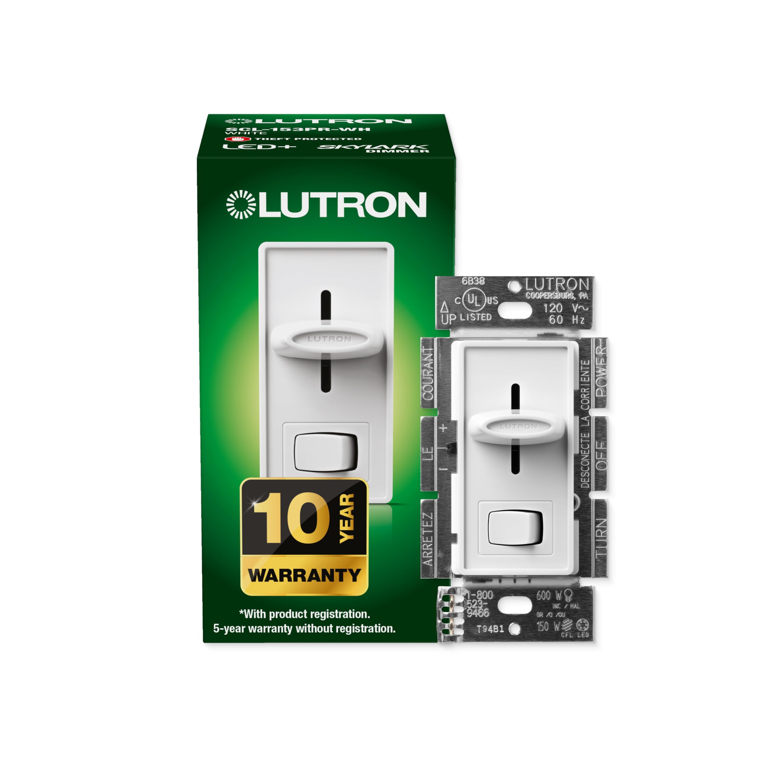 Lutron Skylark LED+ Dimmer Switch for Dimmable LED, Halogen and Incandescent Bulbs | 150W/Single-Pole or 3-Way | SCL-153P-WH | White