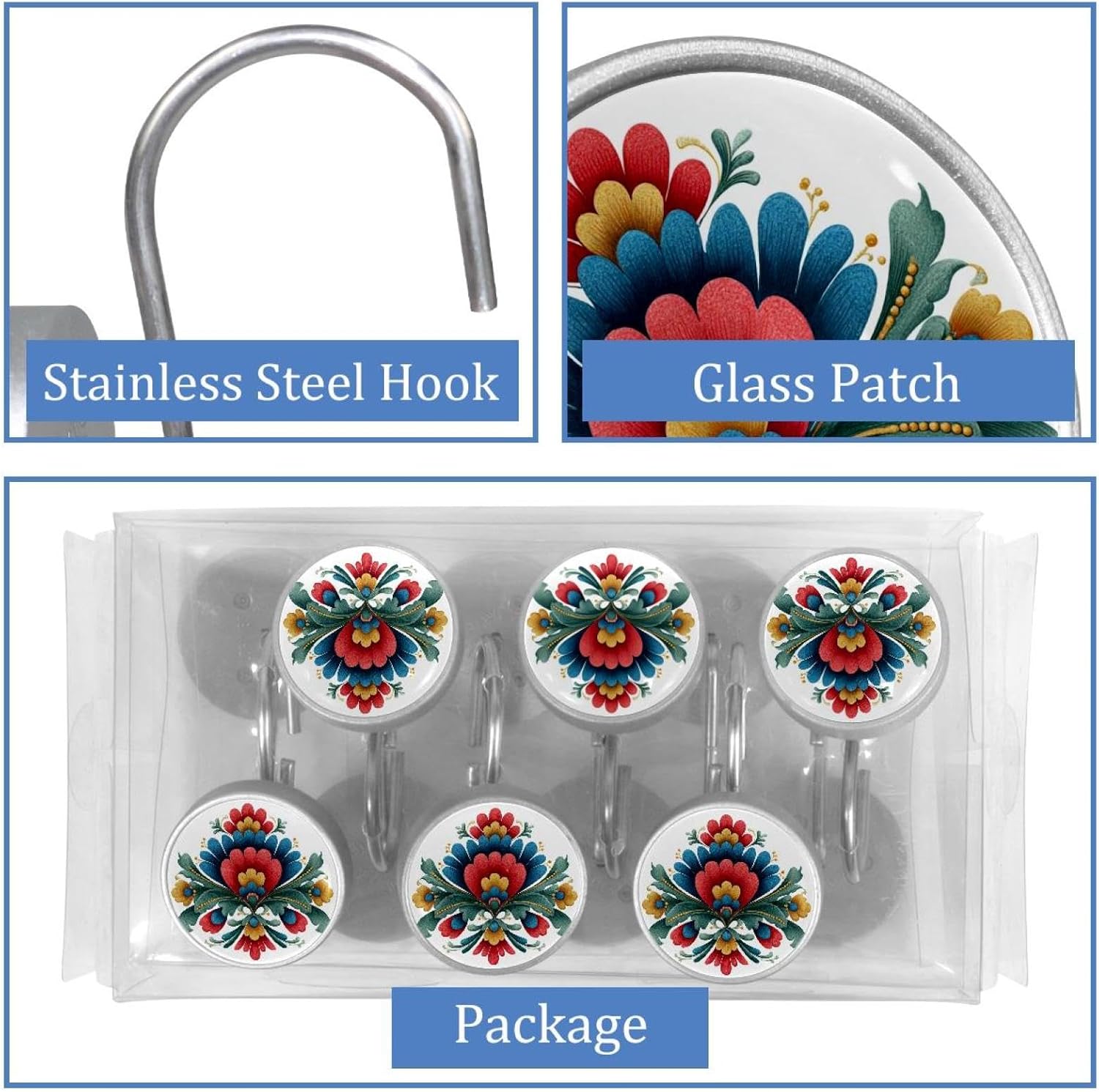 12 Pcs Round Shower Curtain Hooks Stainless Steel Decorative Hanger Rings for Bathroom Kitchen Bedroom Curtain Rods, Norwegian Rosemaling Folk Style Flower (70)