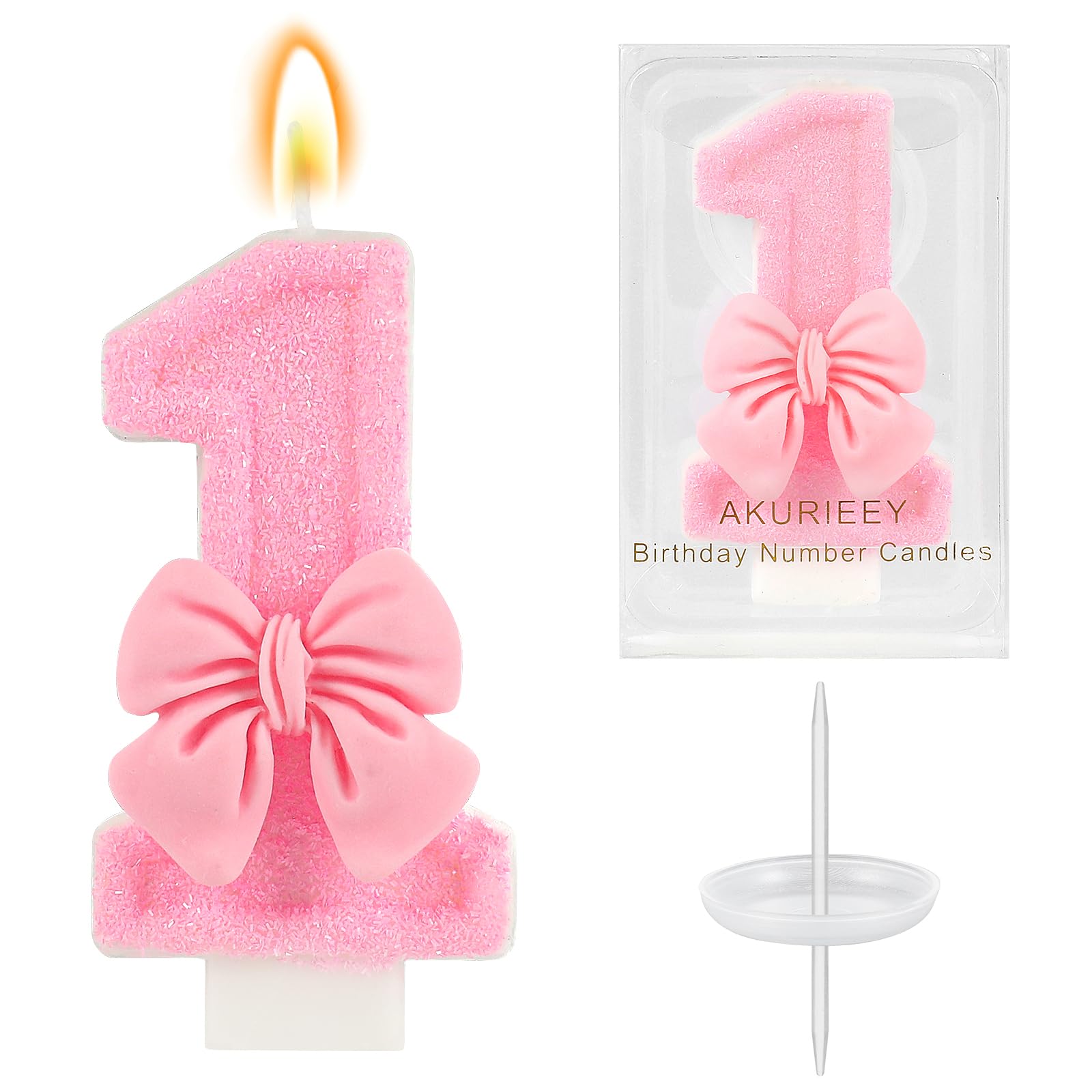 AKURIEEY Rosa 1. Geburtstag Kerze Schleife Zahlen 1 Kerze Kuchen Topper Cupcake Dekorationen Party Dekor für Mädchen und Frauen Jahrestag Feiern Supplies